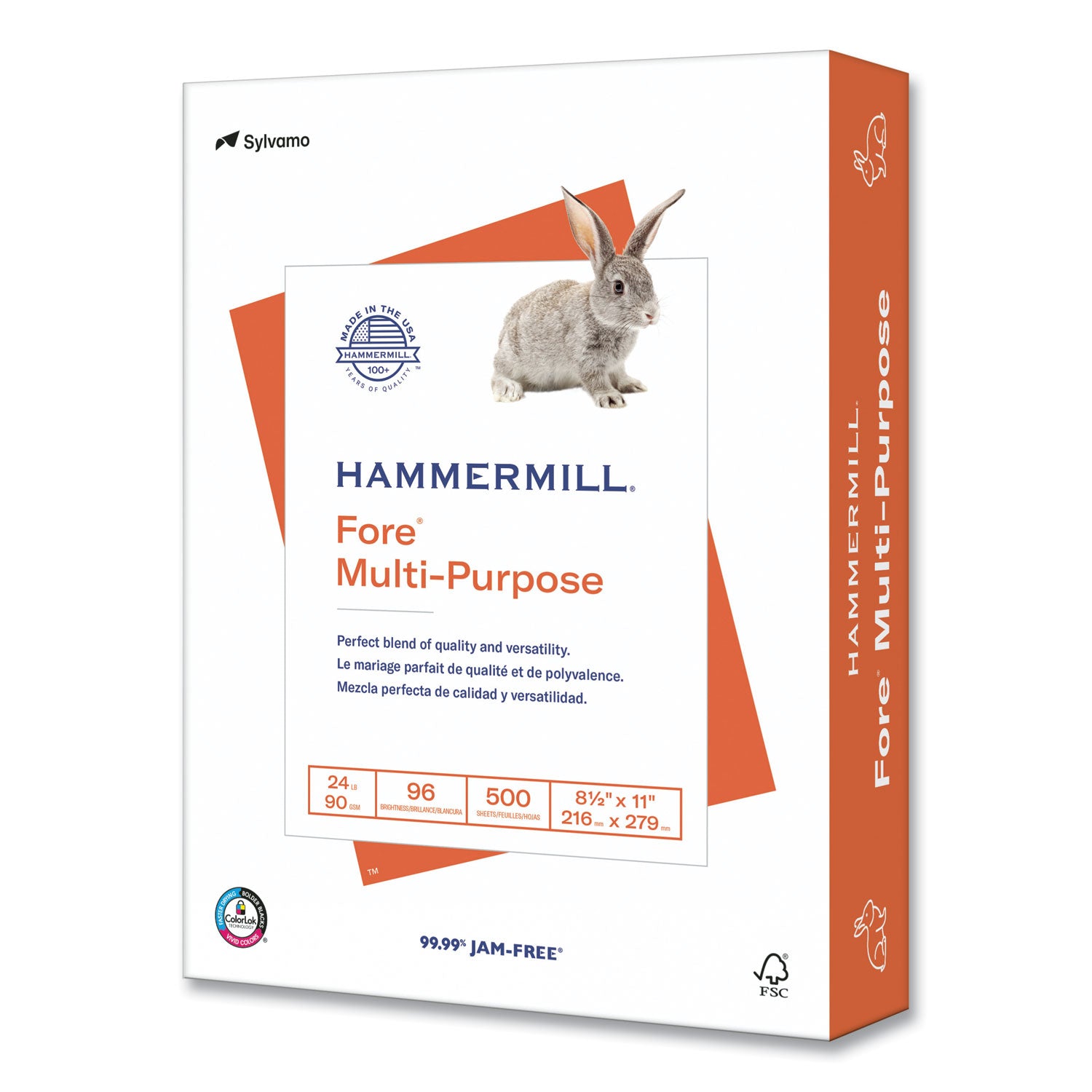 Hammermill® Fore Multipurpose Print Paper, 96 Bright, 24 lb, 8.5 x 11, White, 500 Sheets/Ream, 10 Reams/Carton, 32 Cartons/Pallet