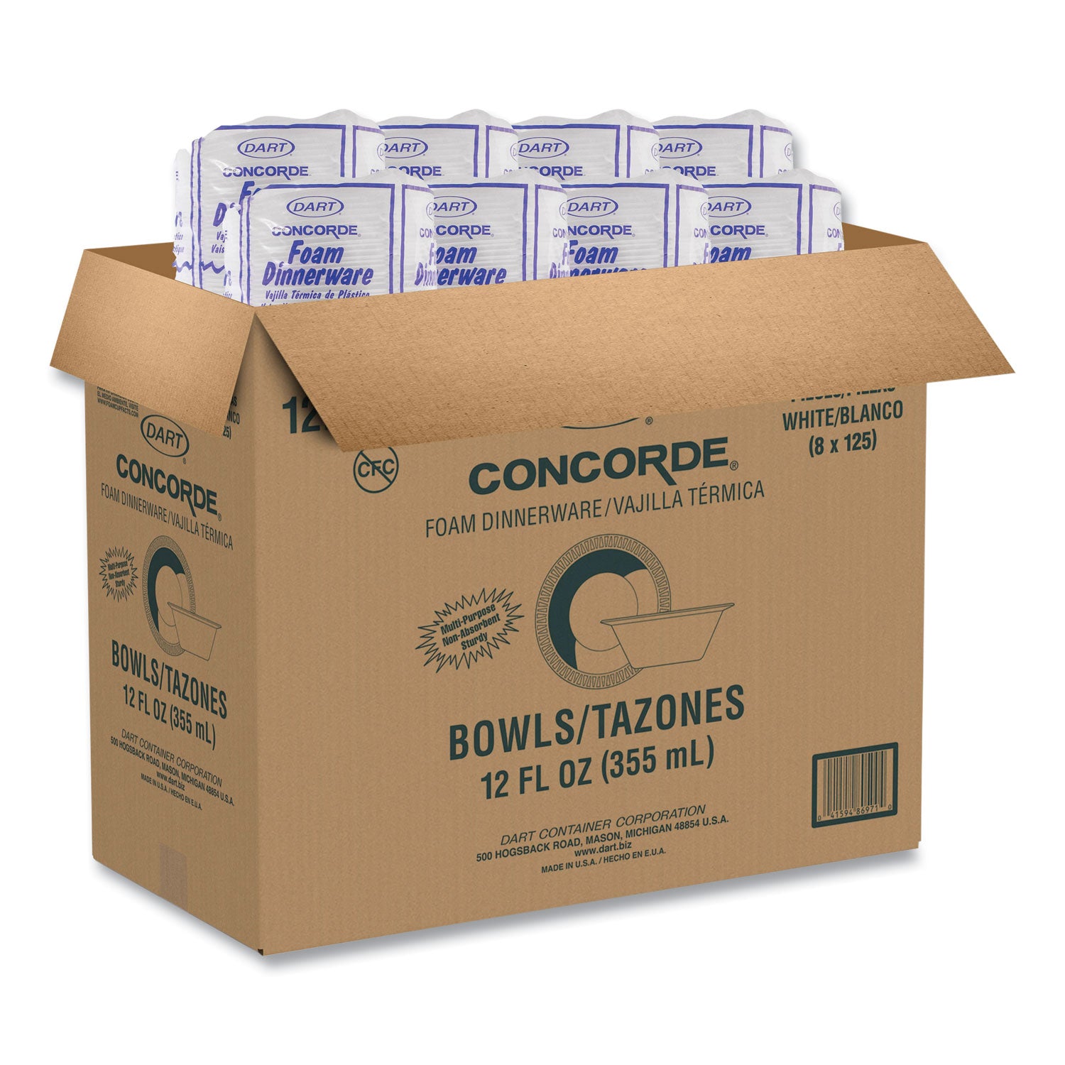 Concorde Foam Bowl, 10, 12 oz, White, 125/Pack, 8 Packs/Carton Dart® Flipcost