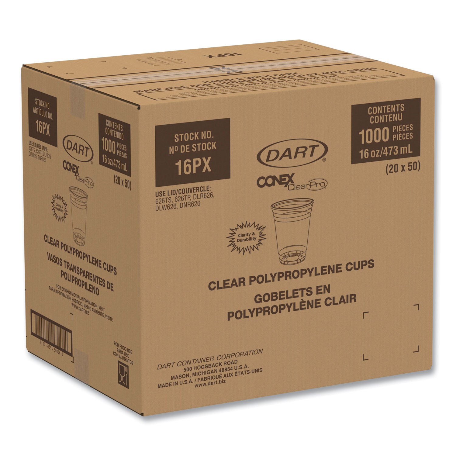 Dart® Conex ClearPro Plastic Cold Cups, Plastic, 16 oz, Clear, 50/Pack, 20 Packs/Carton