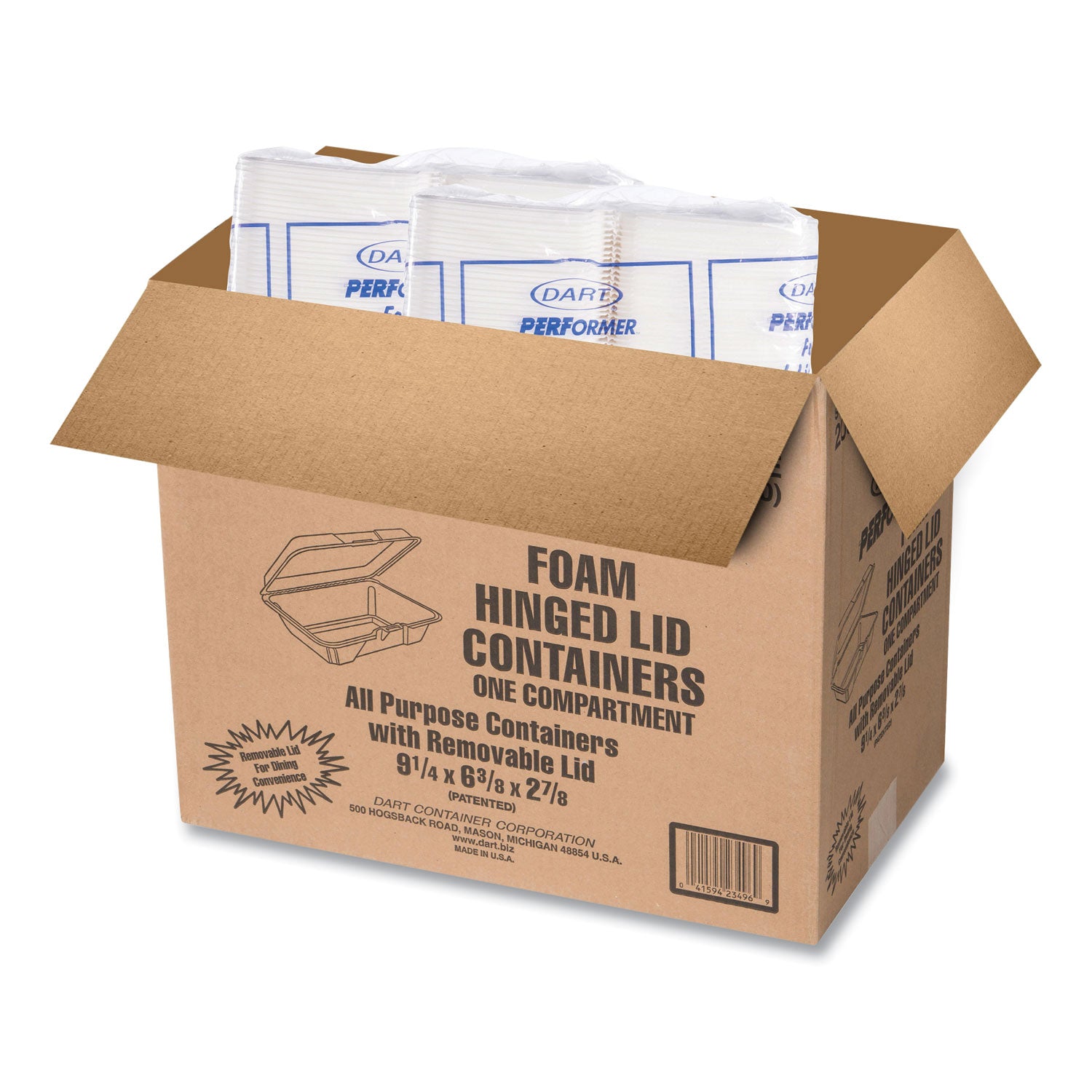 Dart® Foam Hinged Lid Containers, 1-Compartment, 6.4 x 9.3 x 2.9, White, 100/Pack, 2 Packs/Carton