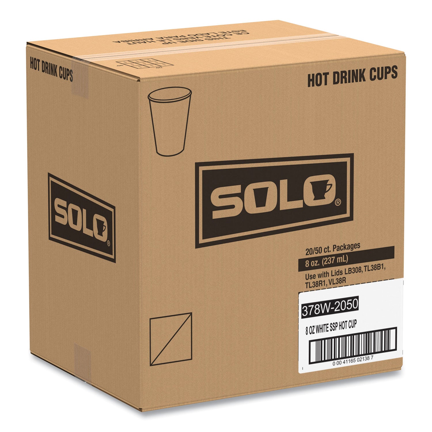 SOLO® Single-Sided Poly Paper Hot Cups, 8 oz, White, 50/Bag, 20 Bags/Carton