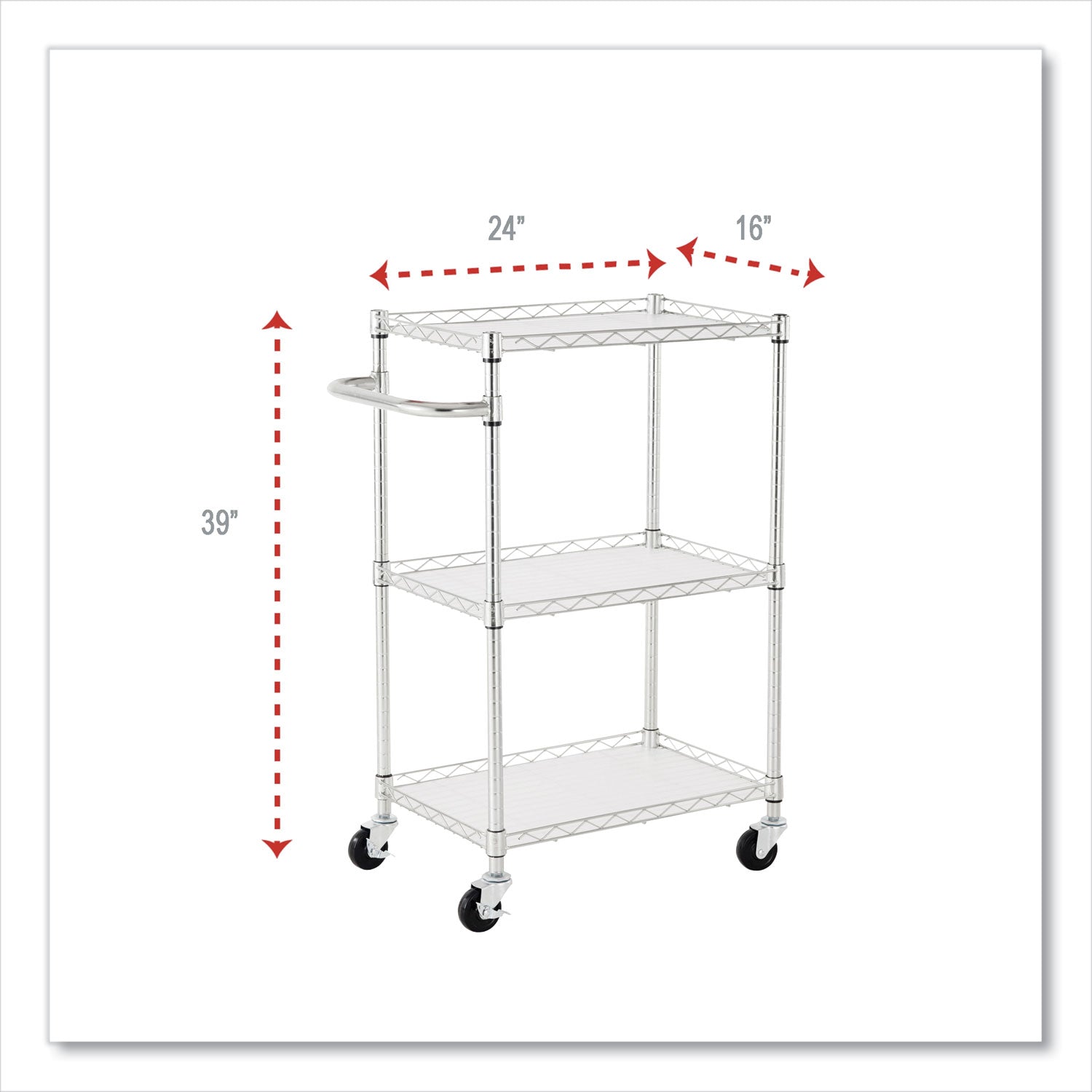 Alera® Three-Shelf Wire Cart with Liners, Metal, 3 Shelves, 450 lb Capacity, 24" x 16" x 39", Silver