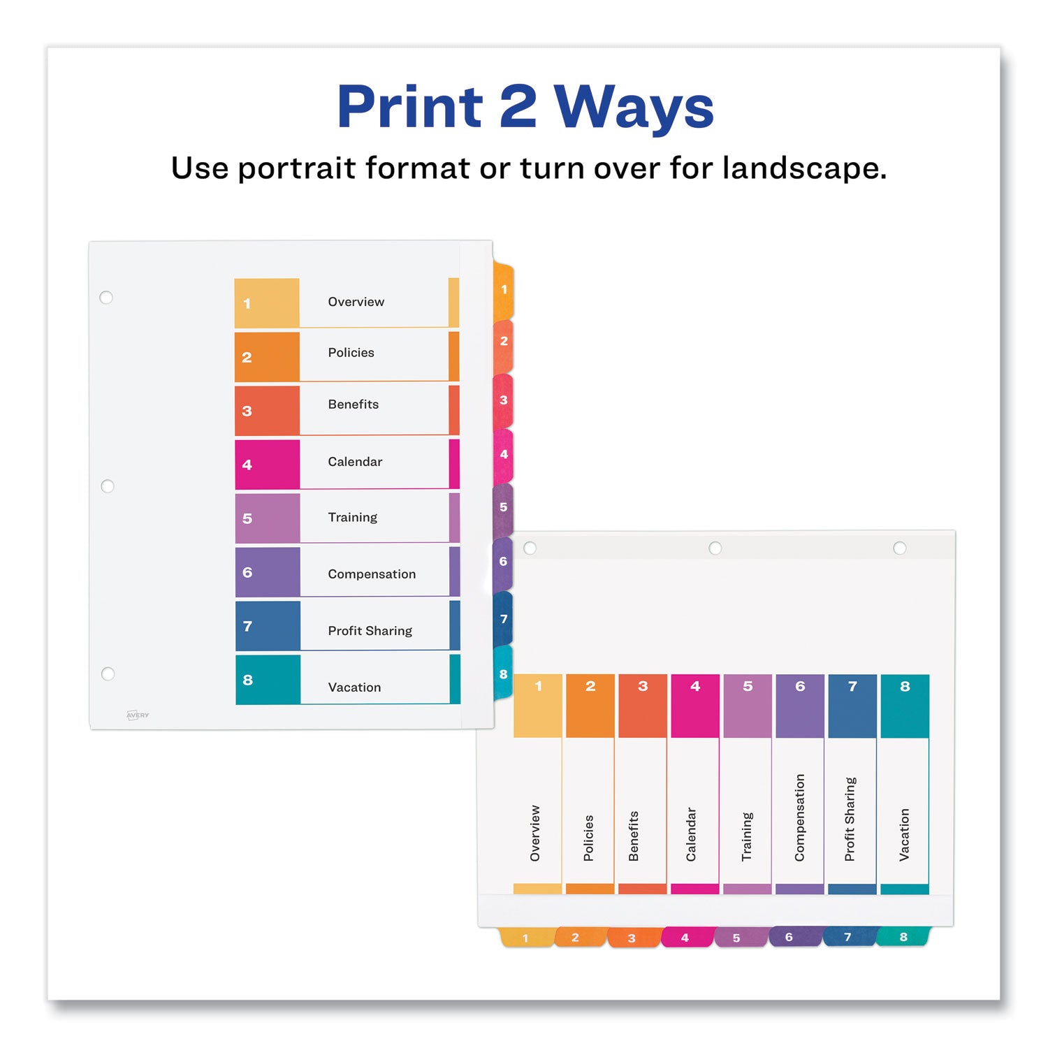 Avery® Customizable TOC Ready Index Multicolor Tab Dividers, Extra Wide Tabs, 8-Tab, 1 to 8, 11 x 9.25, White, 1 Set