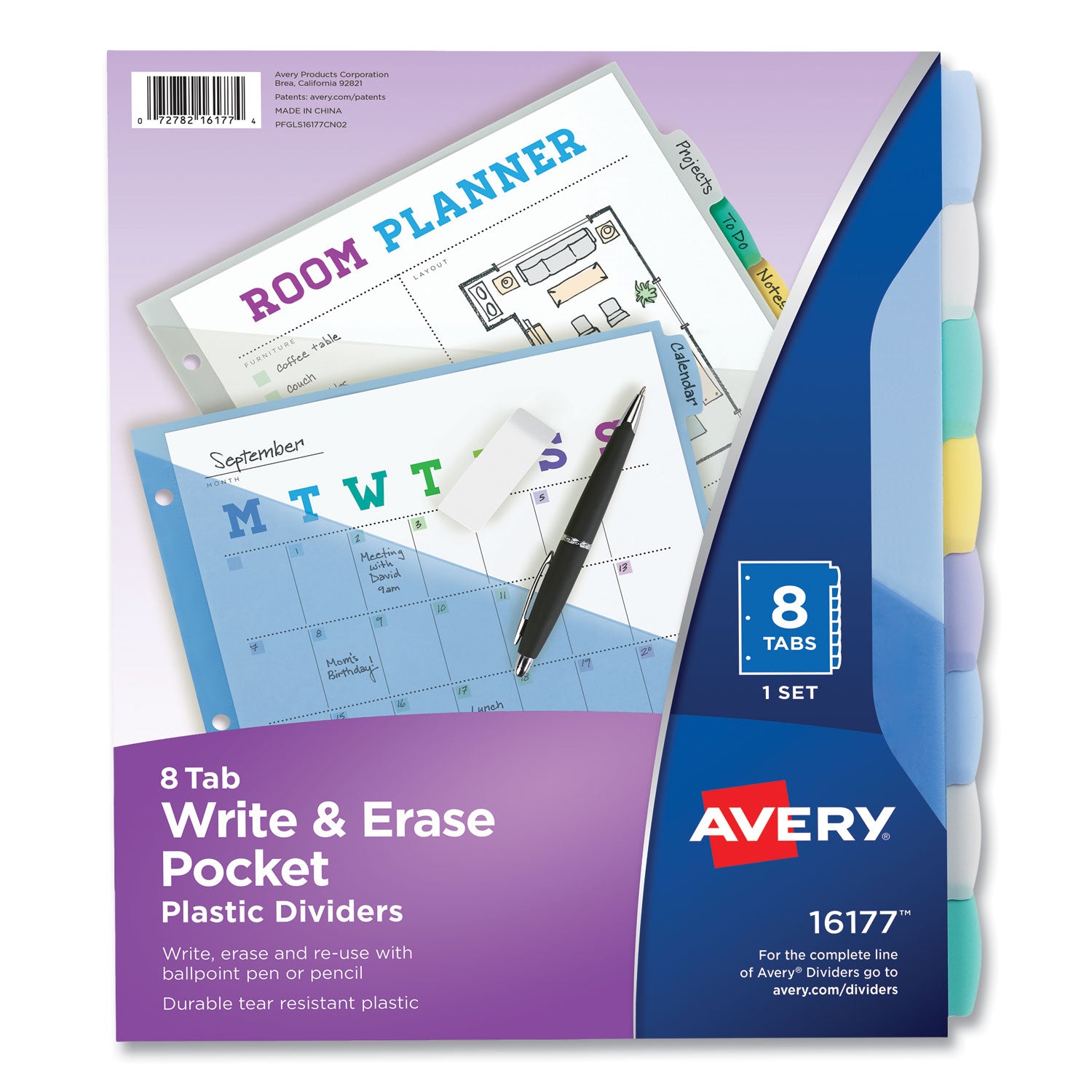 Write and Erase Durable Plastic Dividers with Slash Pocket, 3-Hold Punched, 8-Tab, 11.13 x 9.25, Assorted, 1 Set