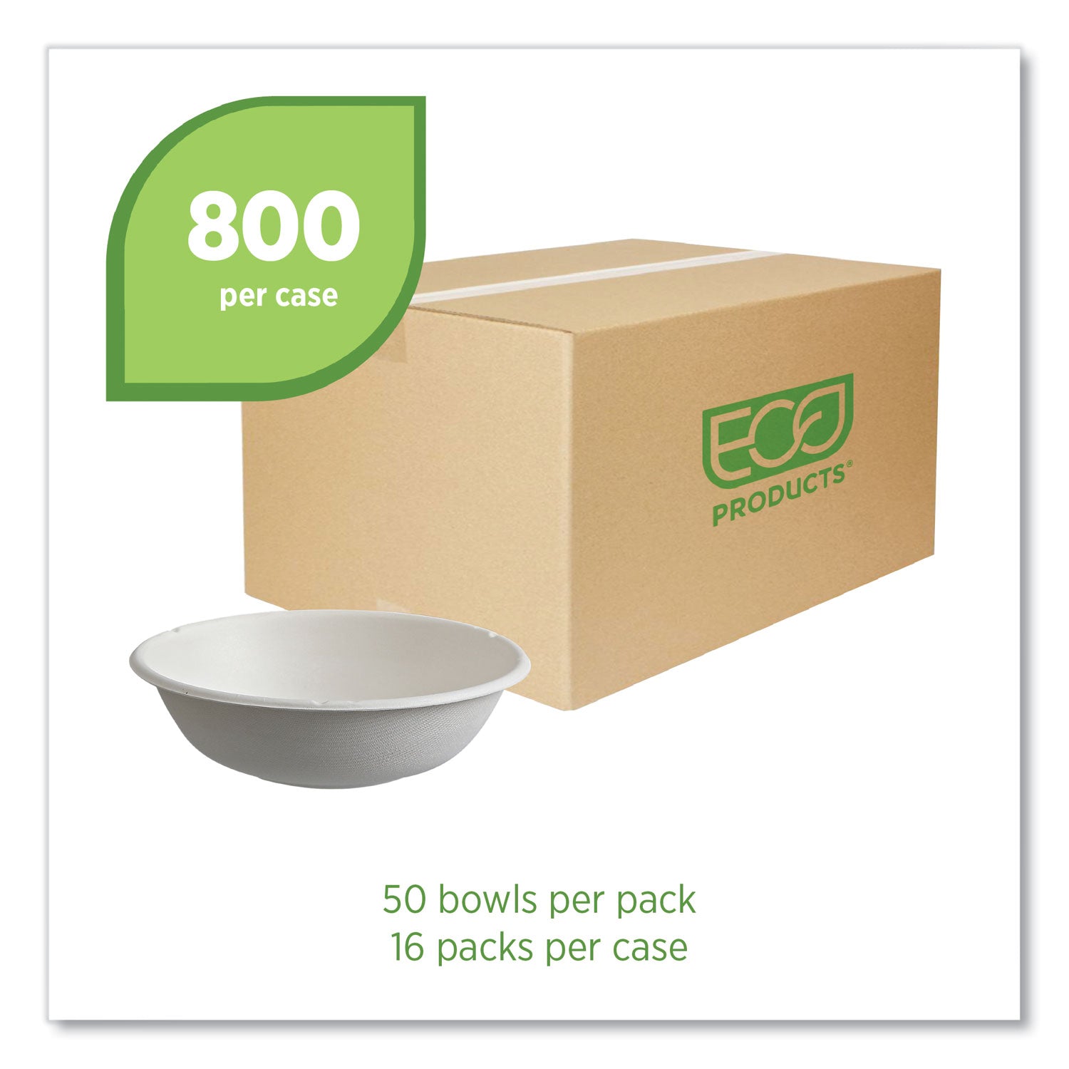 Eco-Products® Vanguard Renewable and Compostable Sugarcane Bowls, 16 oz, White, 800/Carton