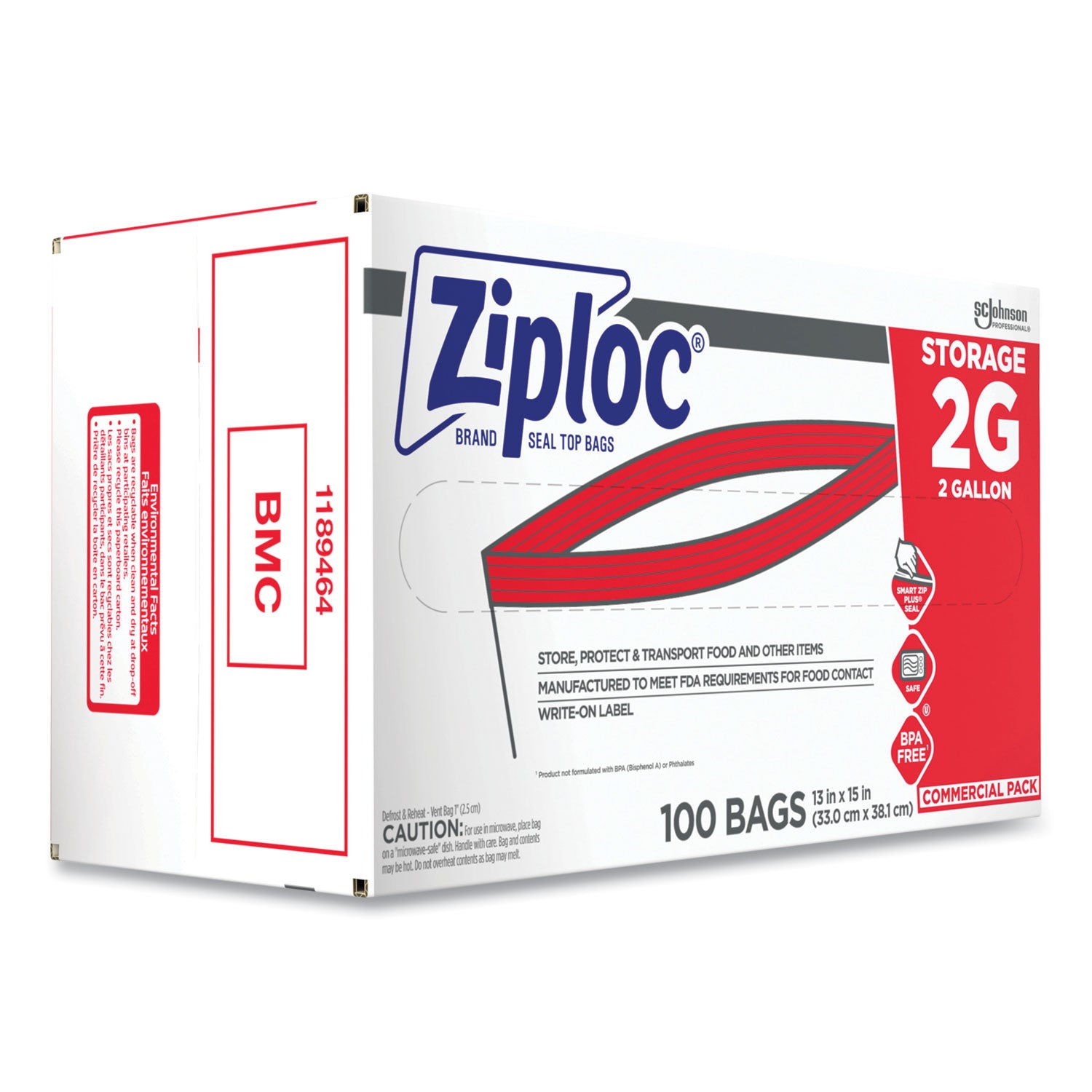 Ziploc® Double Zipper Storage Bags, 2 Gallon, 15" x 13", Clear, 100/Carton