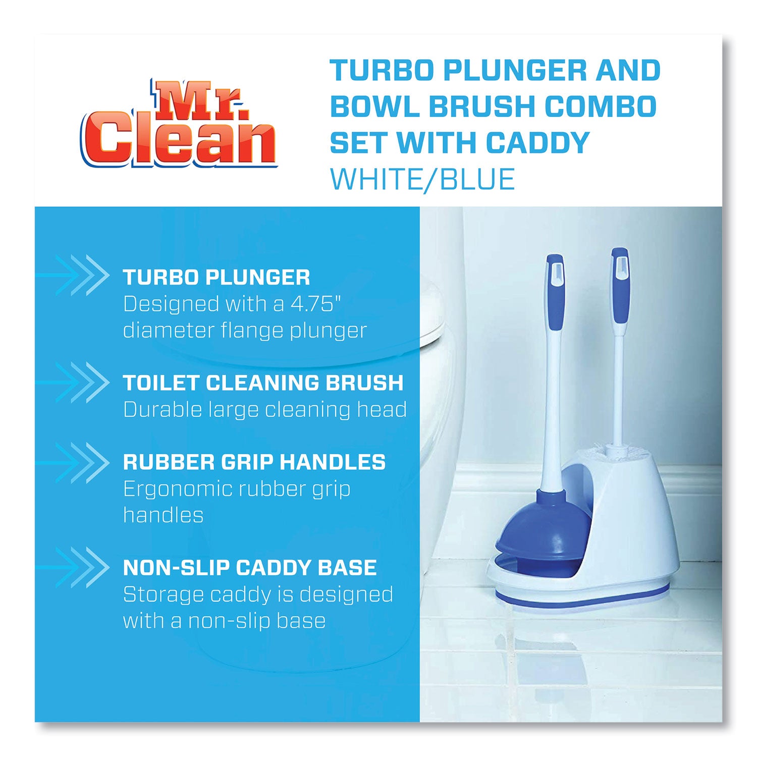 Mr. Clean® Turbo Plunger and Bowl Brush Set, 12.5" Plastic Handle, 6" dia, White