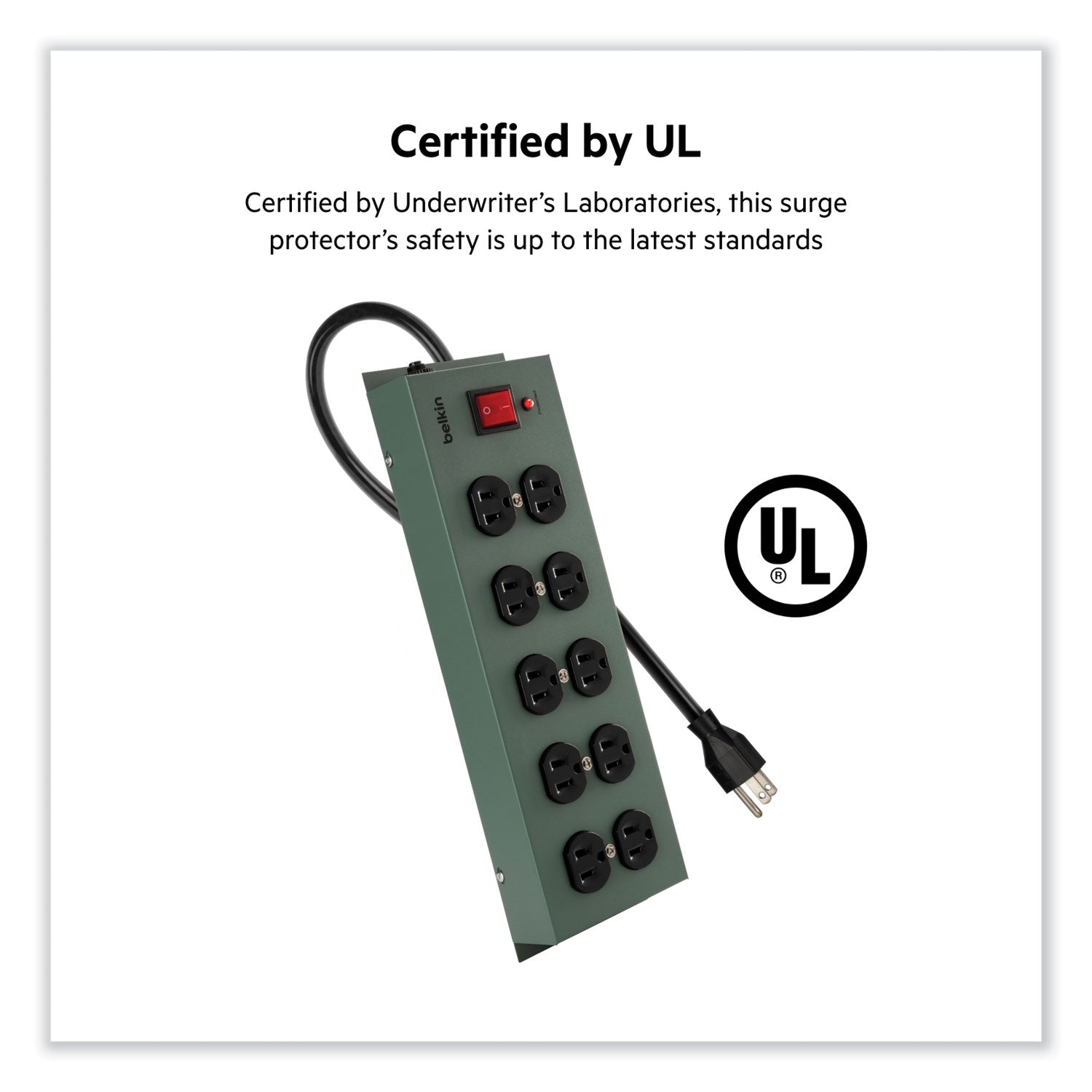 Belkin® Metal SurgeMaster Surge Protector, 10 AC Outlets, 15 ft Cord, 885 J, Dark Gray