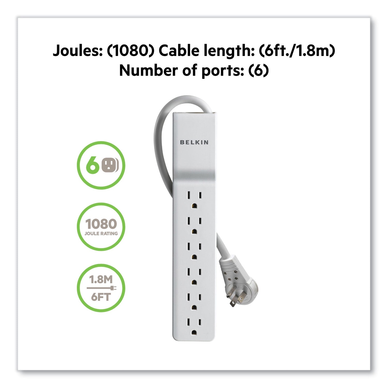 Belkin® Home/Office Surge Protector with Rotating Plug, 6 AC Outlets, 6 ft Cord, 720 J, White