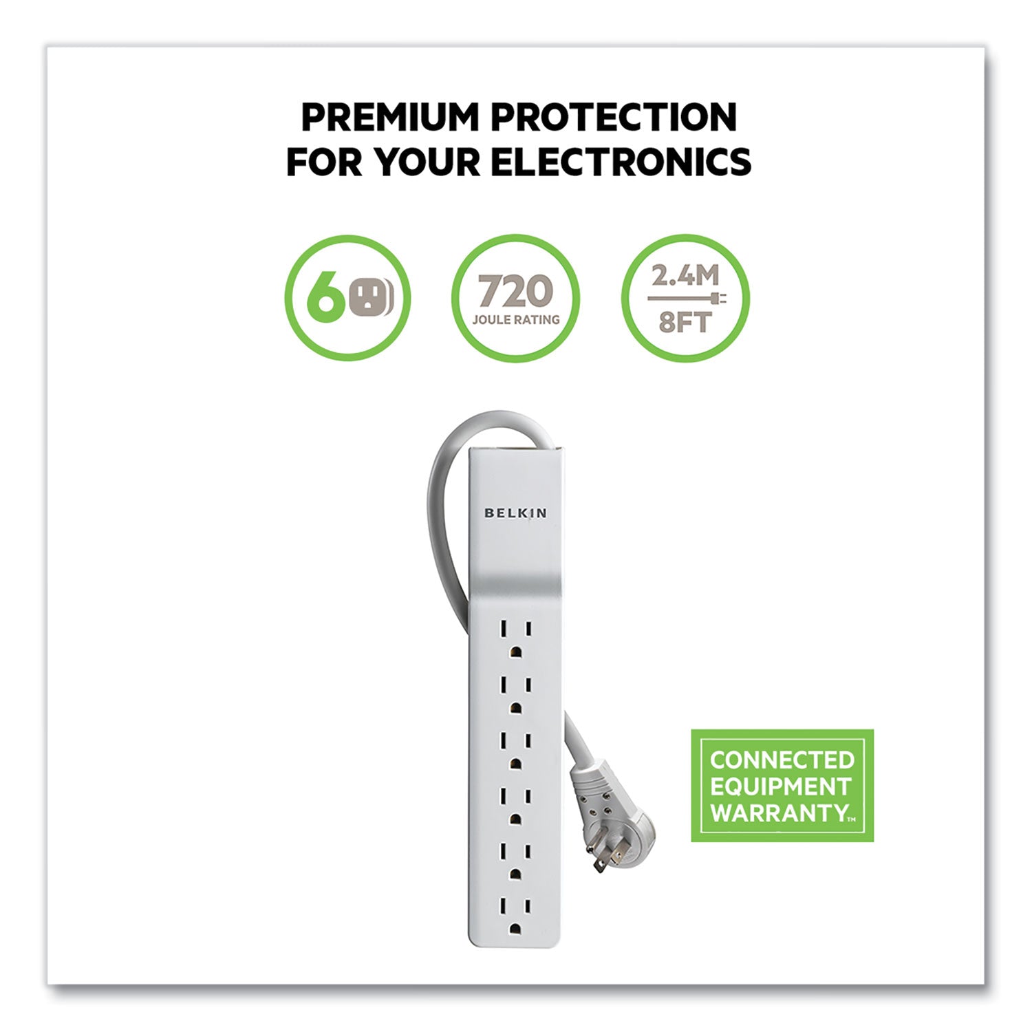 Belkin® Home/Office Surge Protector with Rotating Plug, 6 AC Outlets, 8 ft Cord, 720 J, White