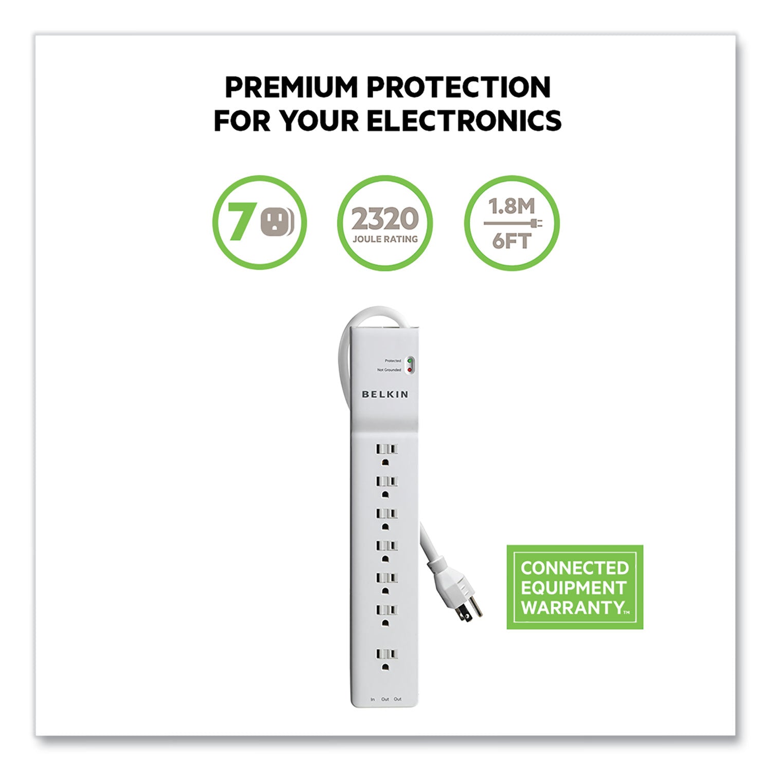 Belkin® Home/Office Surge Protector, 7 AC Outlets, 6 ft Cord, 2,320 J, White