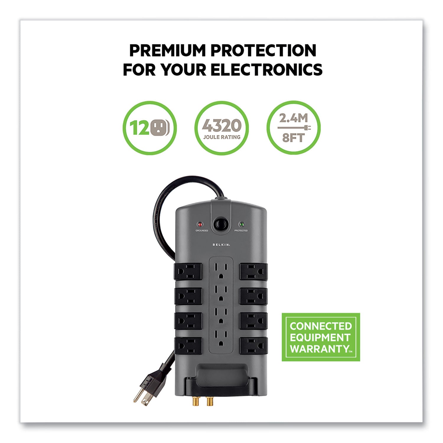 Belkin® Pivot Plug Surge Protector, 12 AC Outlets, 8 ft Cord, 4,320 J, Gray