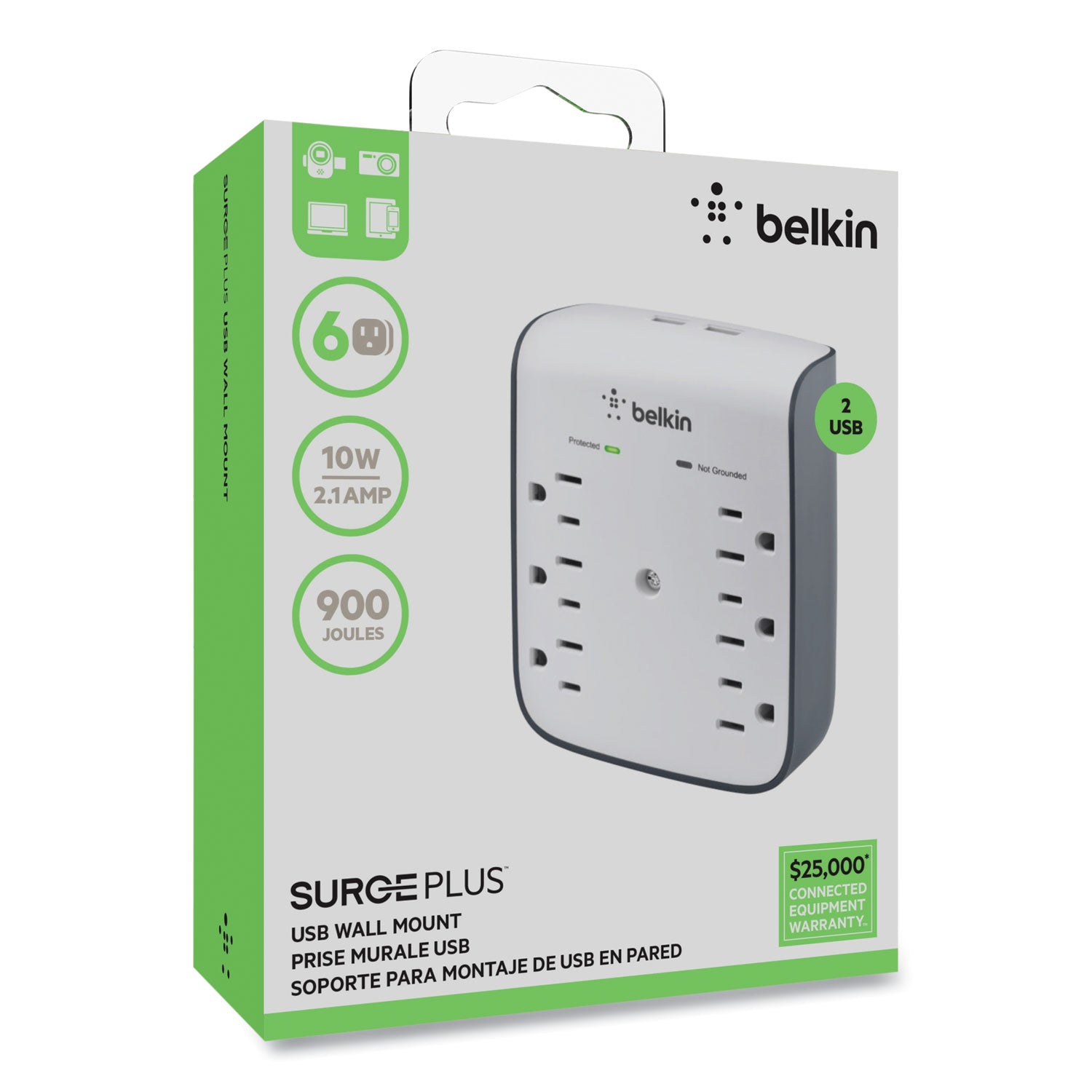 Belkin® SurgePlus USB Wall Mount Charger, 6 AC Outlets/2 USB Ports, 900 J, White/Black