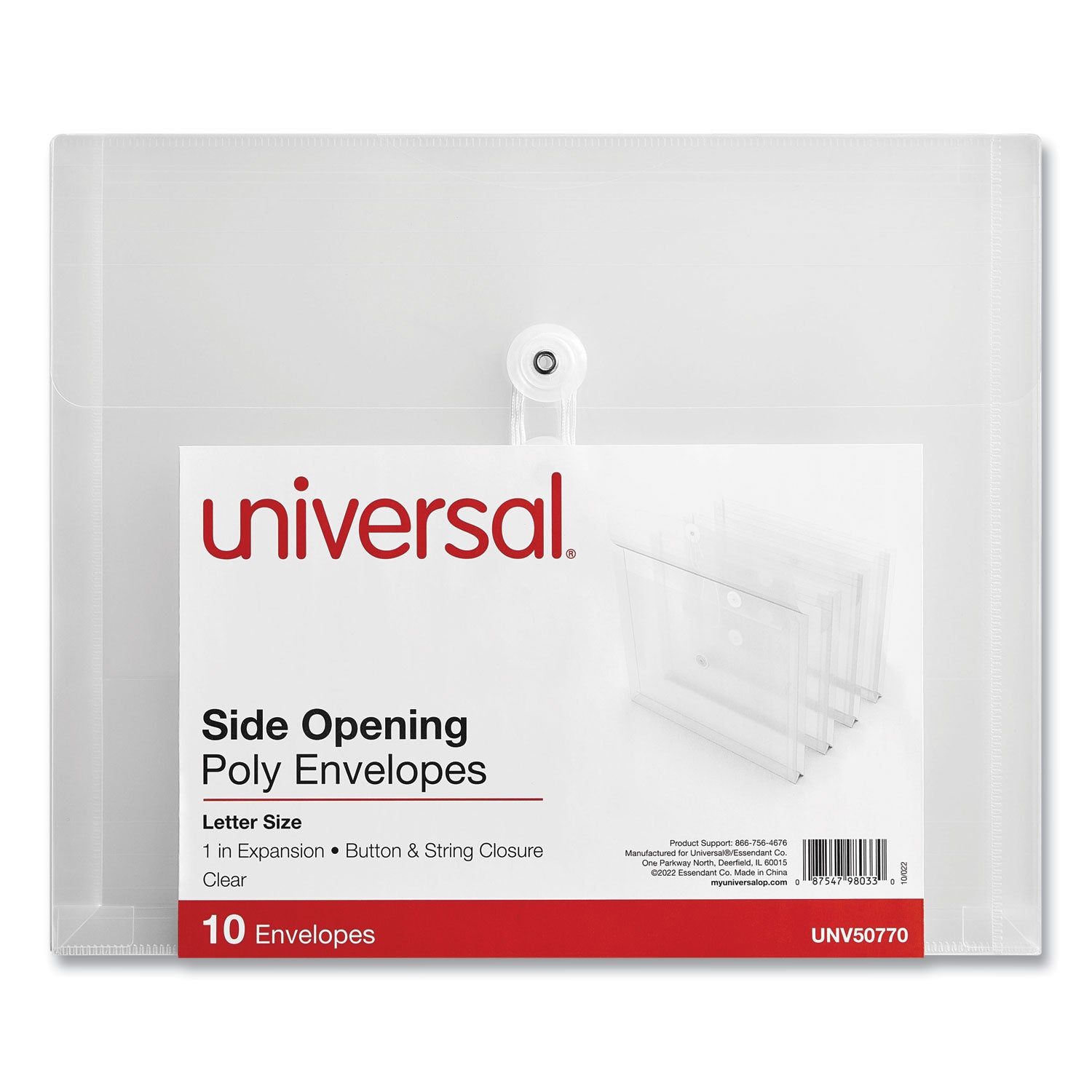 Universal® Side Opening Poly Envelopes, 1" Expansion, Letter Size, Clear, 10/Pack