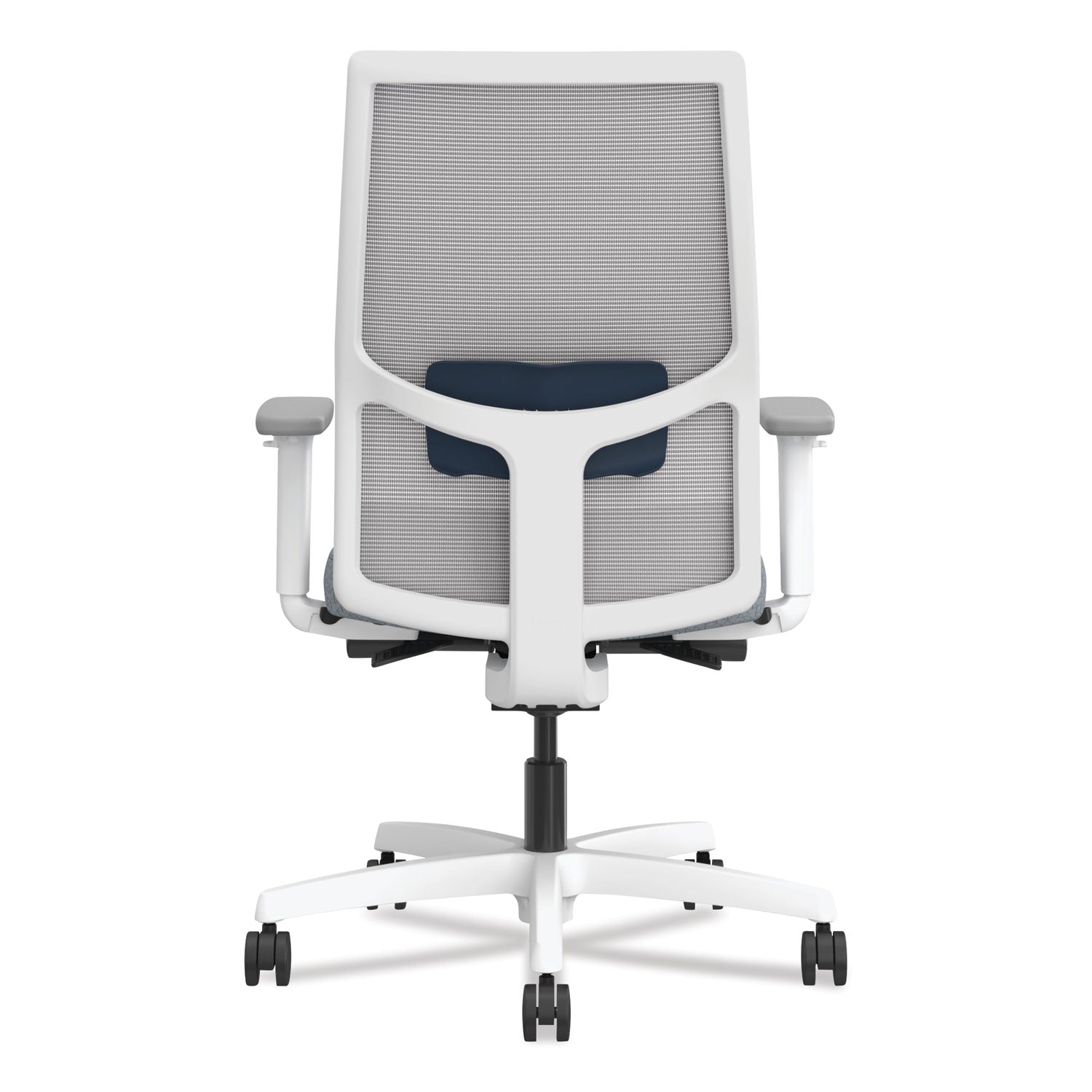 HON® Ignition 2.0 4-Way Stretch Mid-Back Mesh Task Chair, Navy Blue Lumbar Support, Basalt Seat, Fog Back, White Base