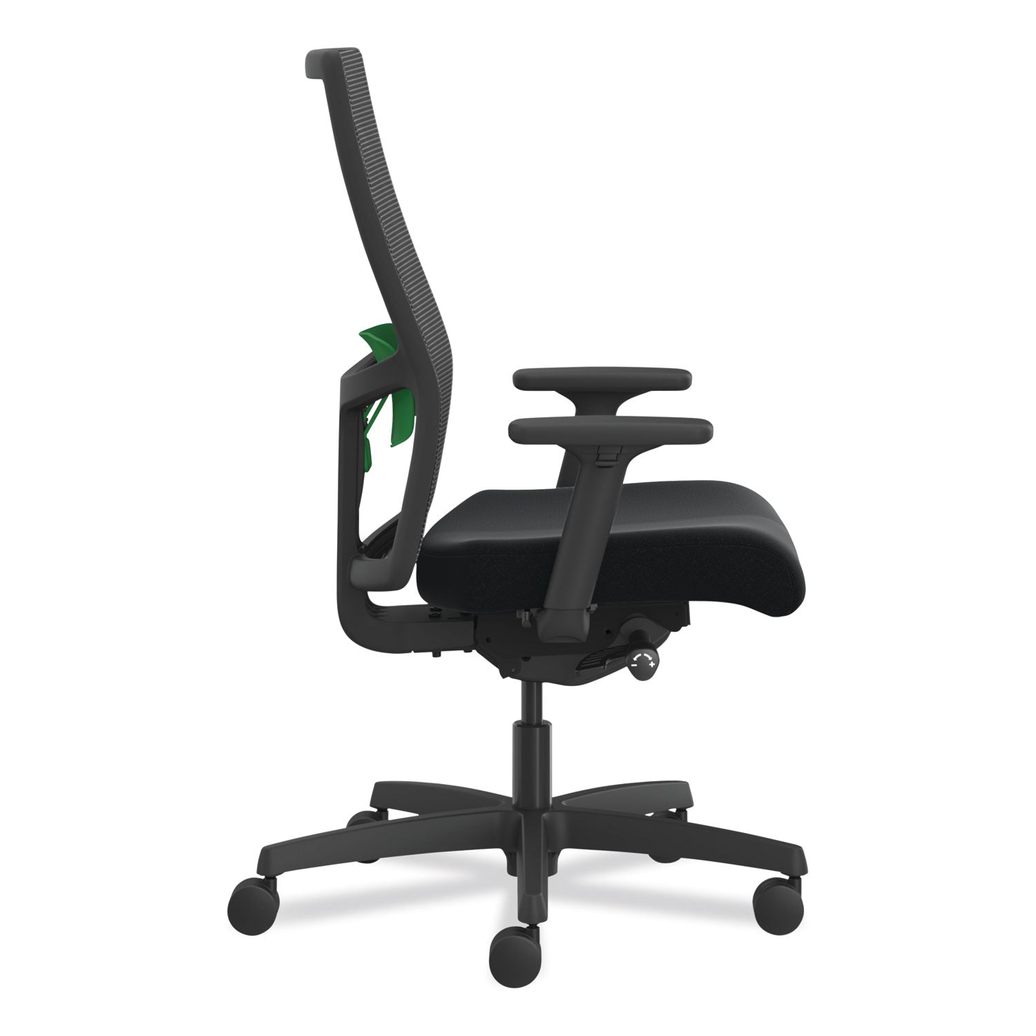 HON® Ignition 2.0 4-Way Stretch Mid-Back Task Chair, Green Adjustable Lumbar Support, Black Seat, Black Back, Black Base