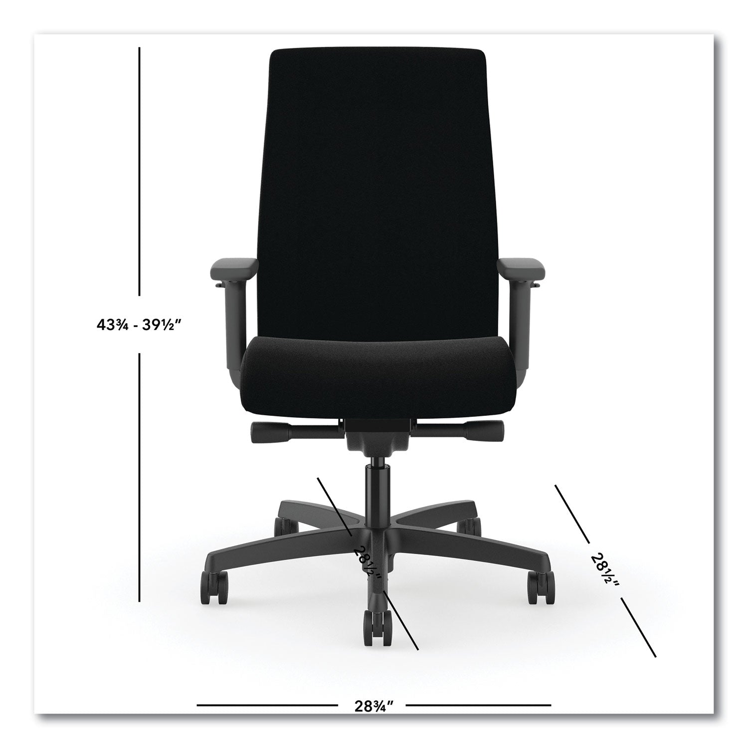 HON® Ignition 2.0 Upholstered Mid-Back Task Chair, 17" to 21.5" Seat Height, Black Fabric Seat/Back