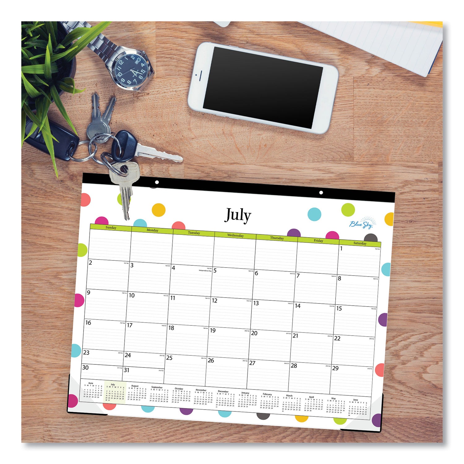 Teacher Dots Academic Desk Pad, 22 x 17, Black Binding, Clear Corners, 12-Month (July to June): 2024 to 2025