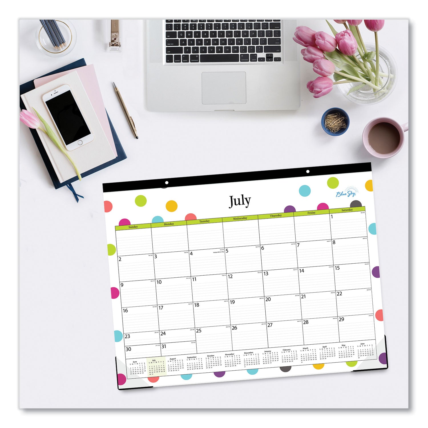 Teacher Dots Academic Desk Pad, 22 x 17, Black Binding, Clear Corners, 12-Month (July to June): 2024 to 2025