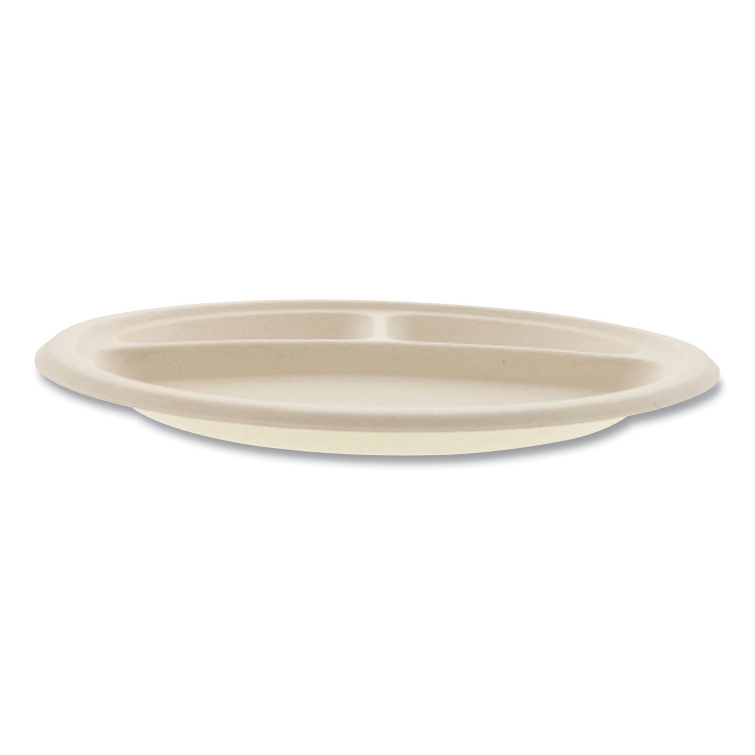 Boardwalk® Bagasse PFAS-Free Dinnerware, Plate, 10" dia, 3-Compartment, Tan, 500/Carton