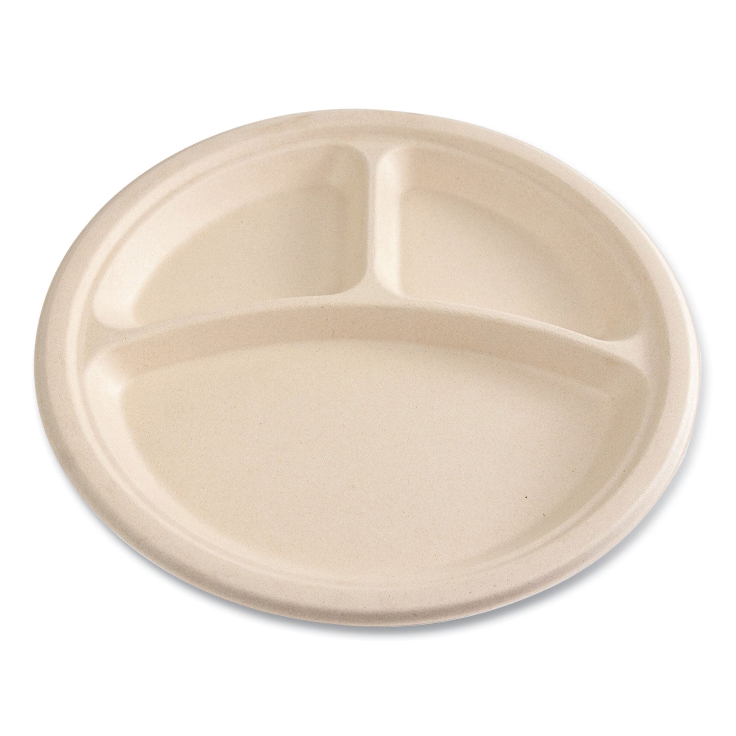 Boardwalk® Bagasse PFAS-Free Dinnerware, Plate, 10" dia, 3-Compartment, Tan, 500/Carton