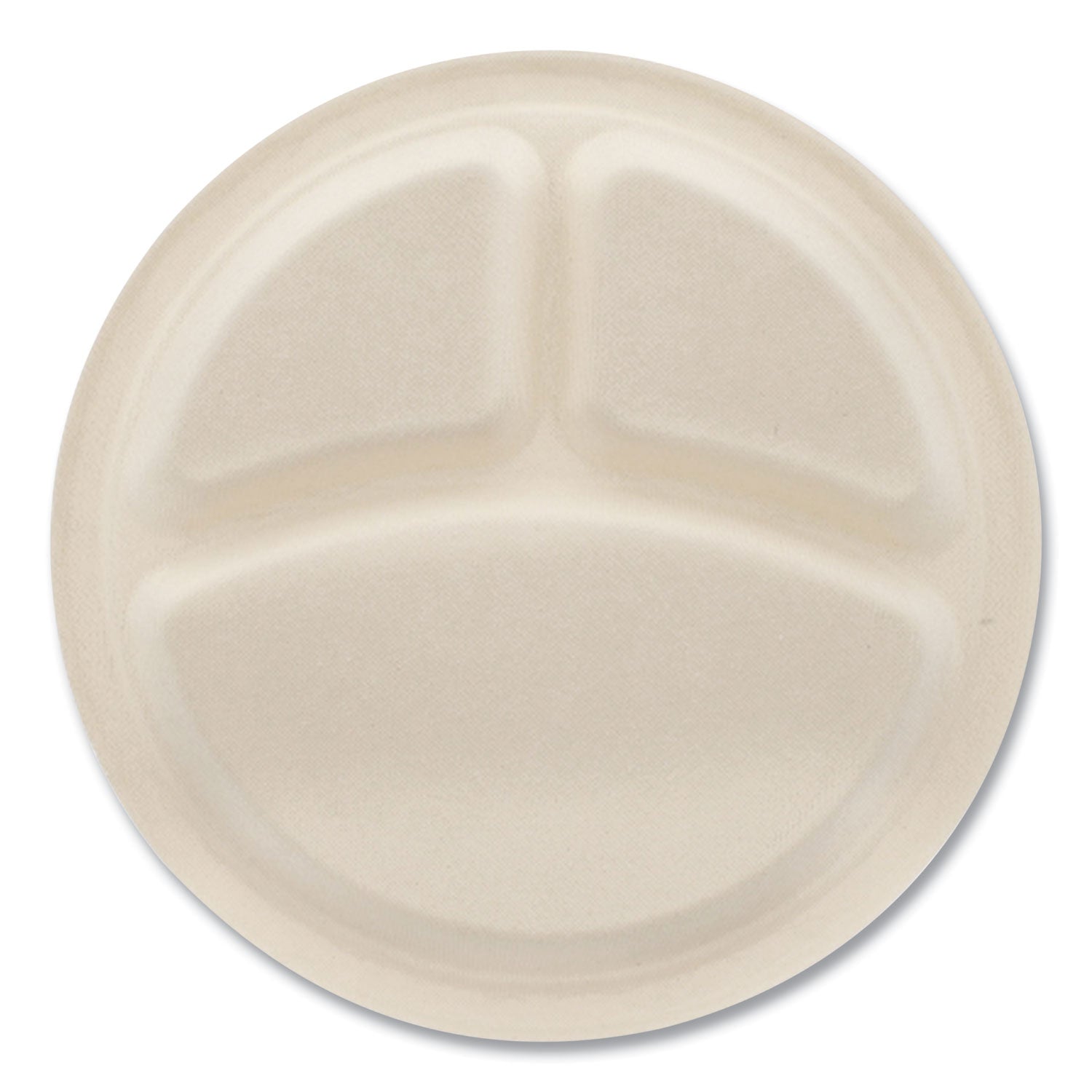 Boardwalk® Bagasse PFAS-Free Dinnerware, Plate, 10" dia, 3-Compartment, Tan, 500/Carton