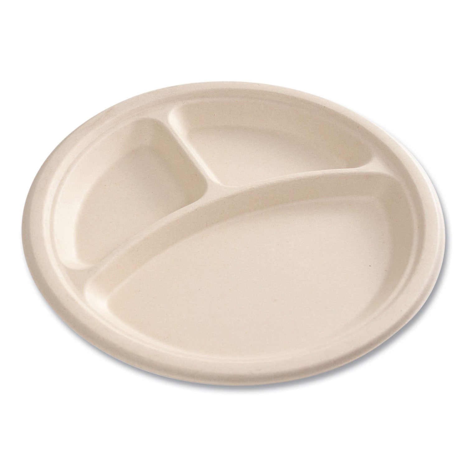 Boardwalk® Bagasse PFAS-Free Dinnerware, Plate, 10" dia, 3-Compartment, Tan, 500/Carton