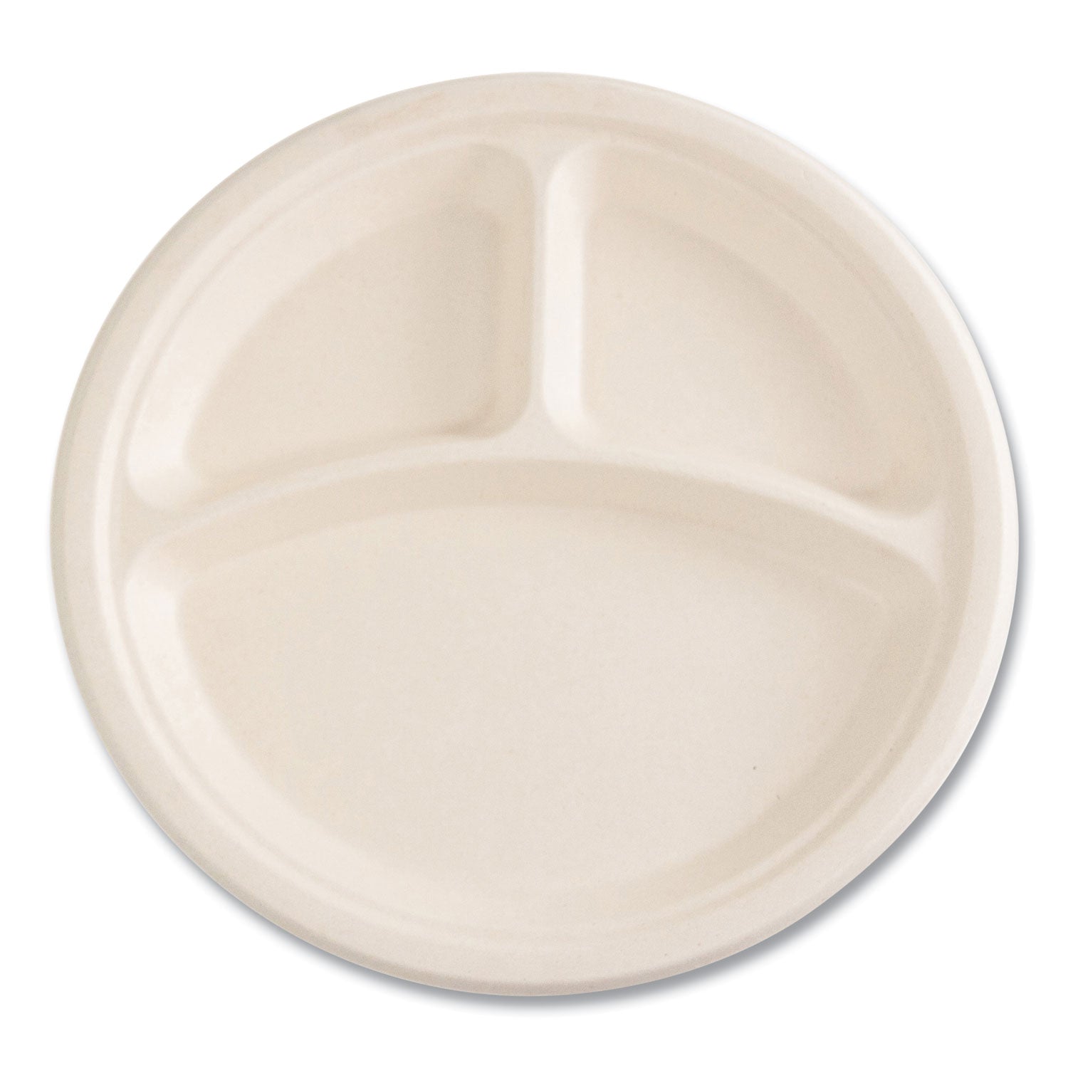 Boardwalk® Bagasse PFAS-Free Dinnerware, Plate, 10" dia, 3-Compartment, Tan, 500/Carton