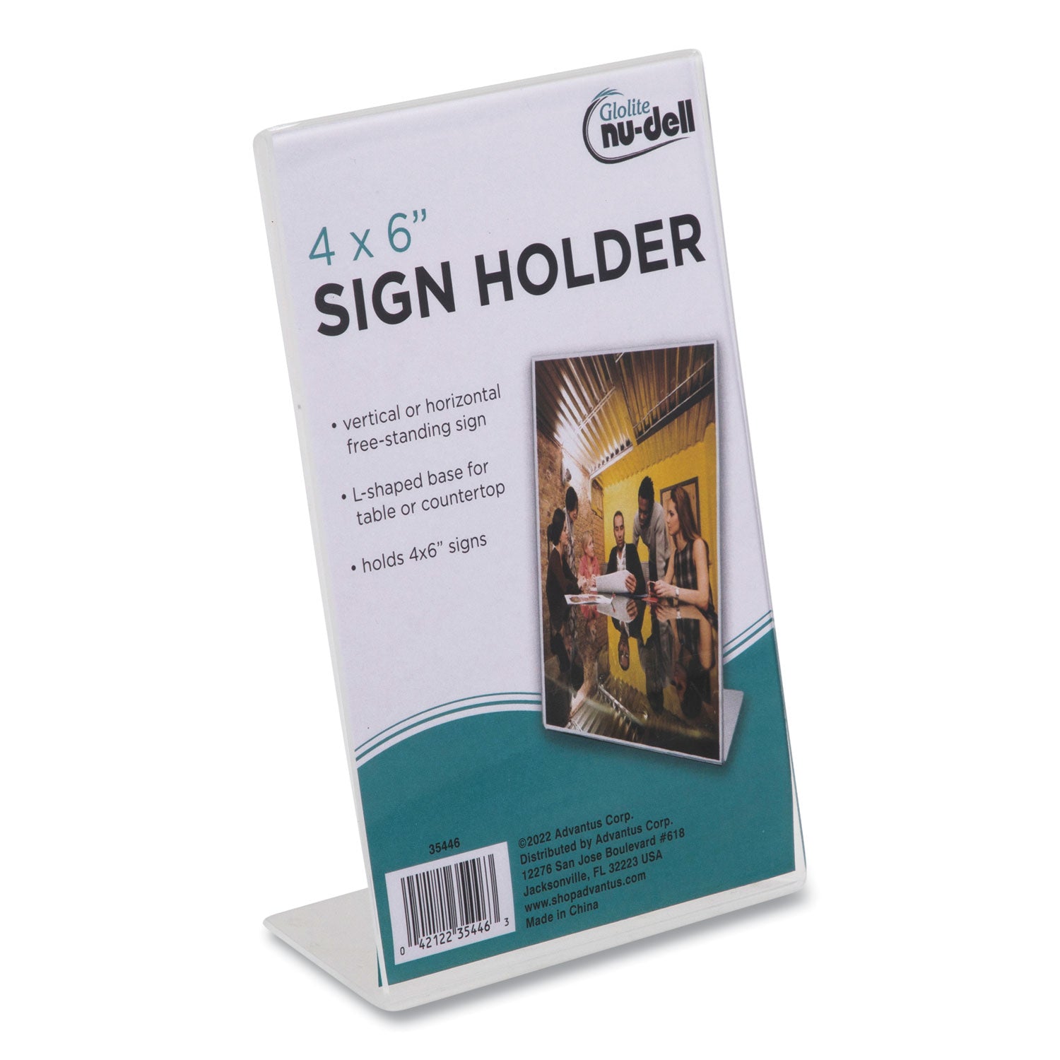 NuDell™ Clear Plastic Slanted L-Shaped Countertop Sign Holder, Side-Load, Horizontal/Vertical Orientation, 4 x 6 Insert