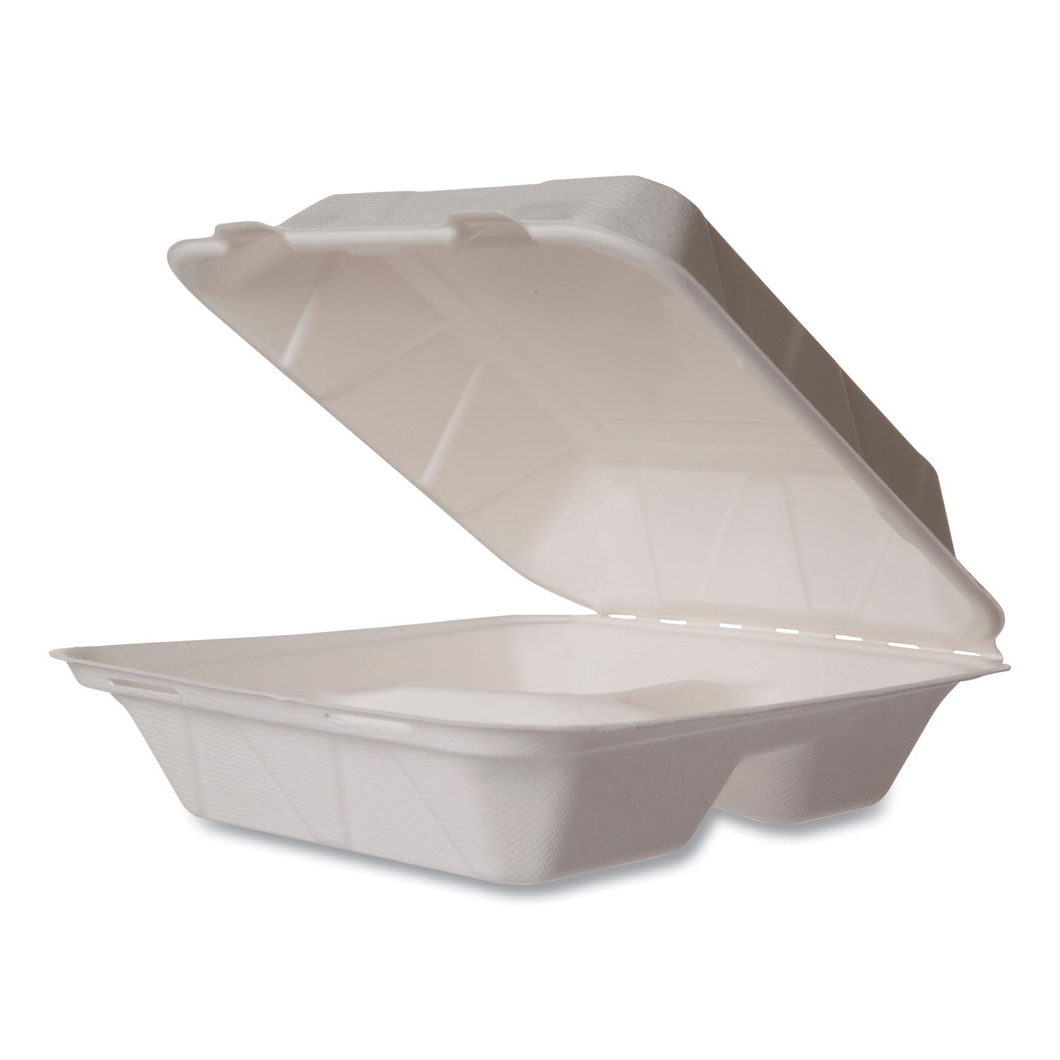 White Molded Fiber Clamshell Containers, Compostable, 3-Compartment, 7.9 x 7.9 x 2.9, White, Sugarcane, 200/Carton