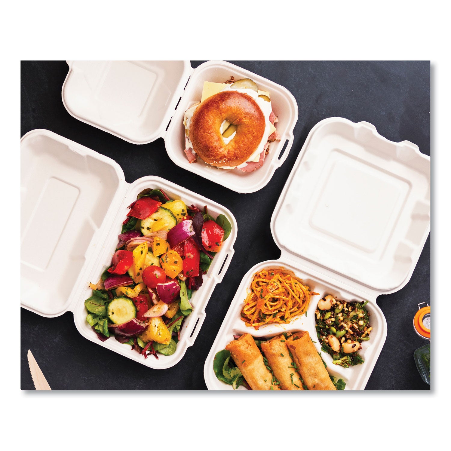 White Molded Fiber Clamshell Containers, Compostable, 3-Compartment, 7.9 x 7.9 x 2.9, White, Sugarcane, 200/Carton Vegware™ Flipcost