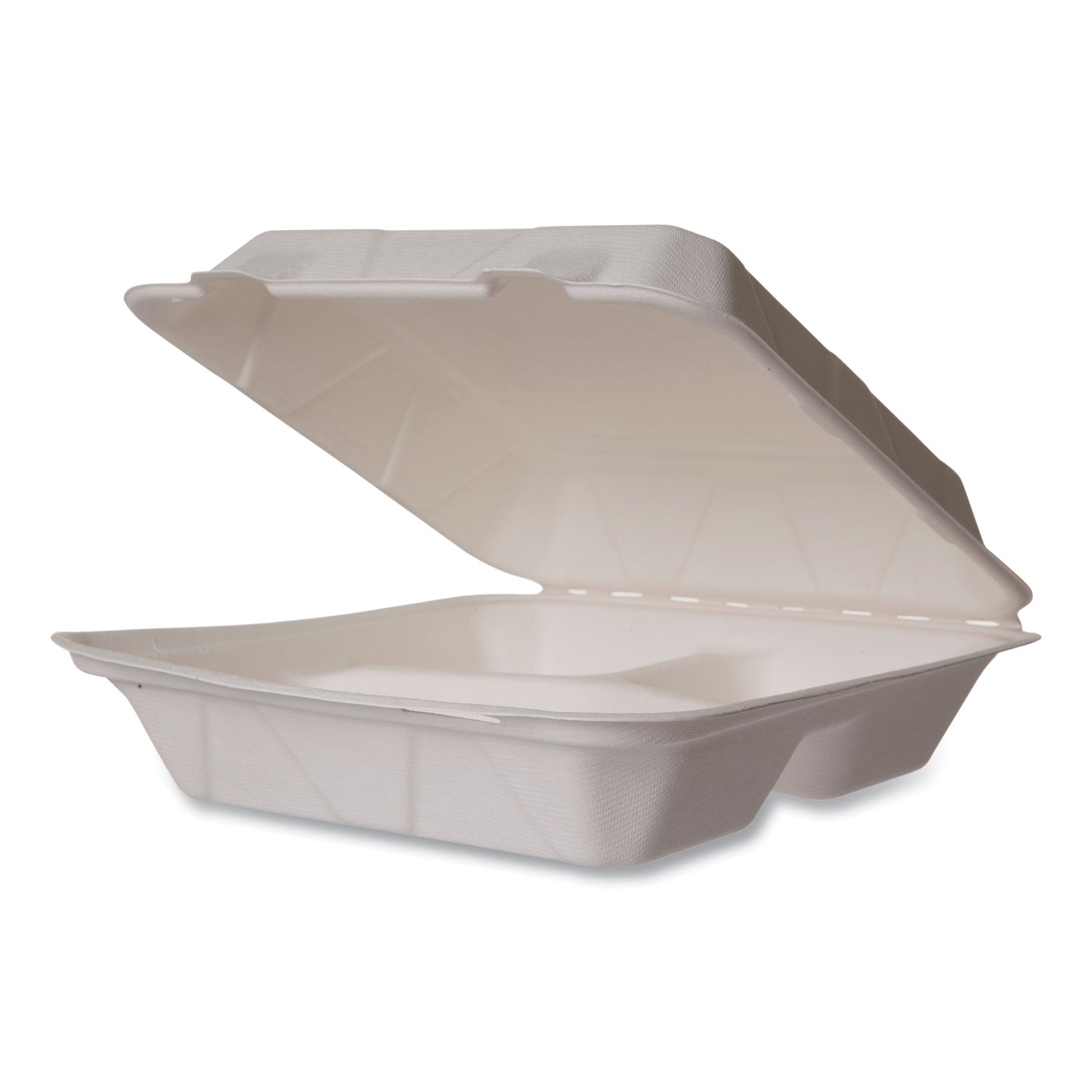 White Molded Fiber Clamshell Containers, Compostable, 3-Compartment, 9 x 18 x 2, White, Sugarcane, 200/Carton