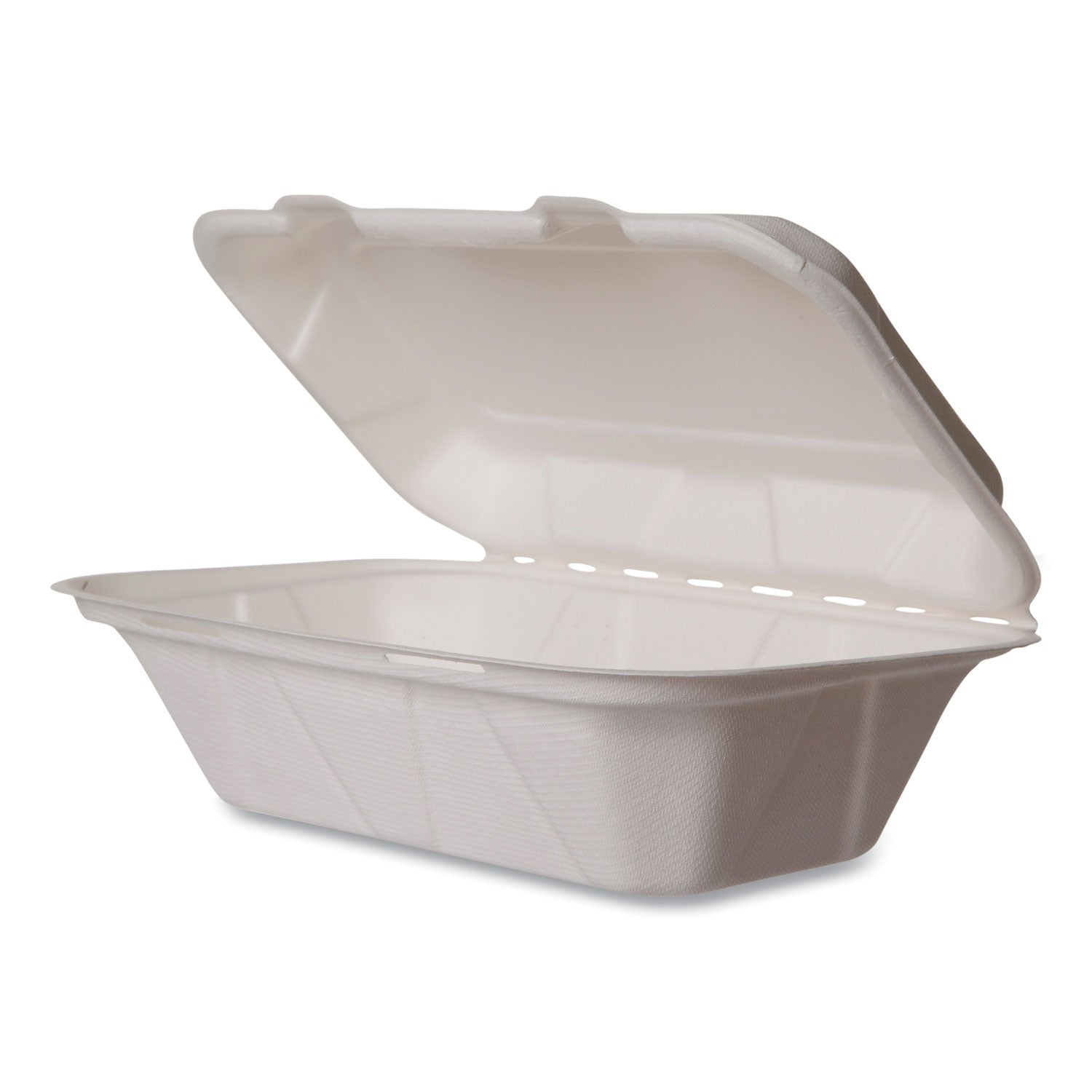 White Molded Fiber Clamshell Containers, Compostable, 9 x 11 x 2, White, Sugarcane, 250/Carton