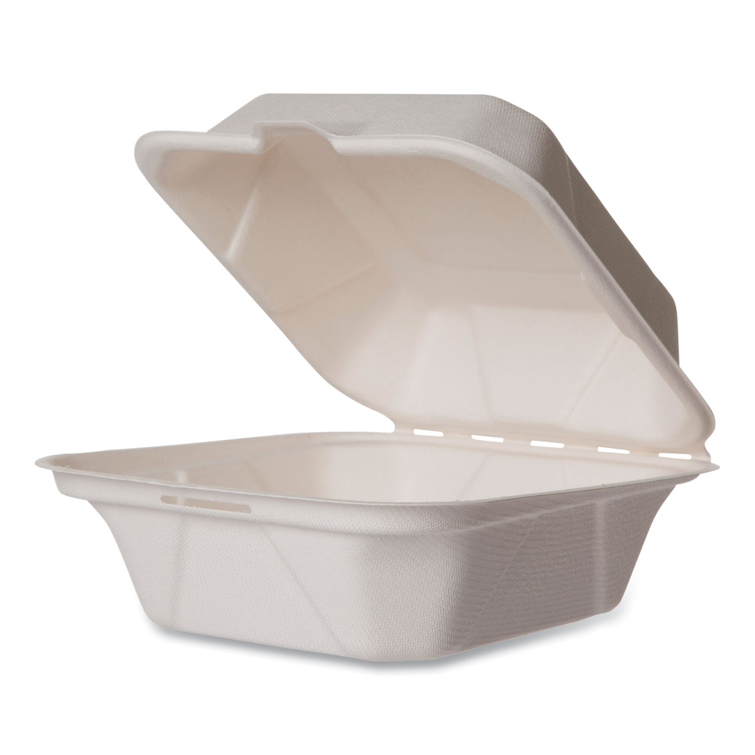 White Molded Fiber Clamshell Containers, Compostable, 5.9 x 5.9 x 2.9, White, Sugarcane, 400/Carton