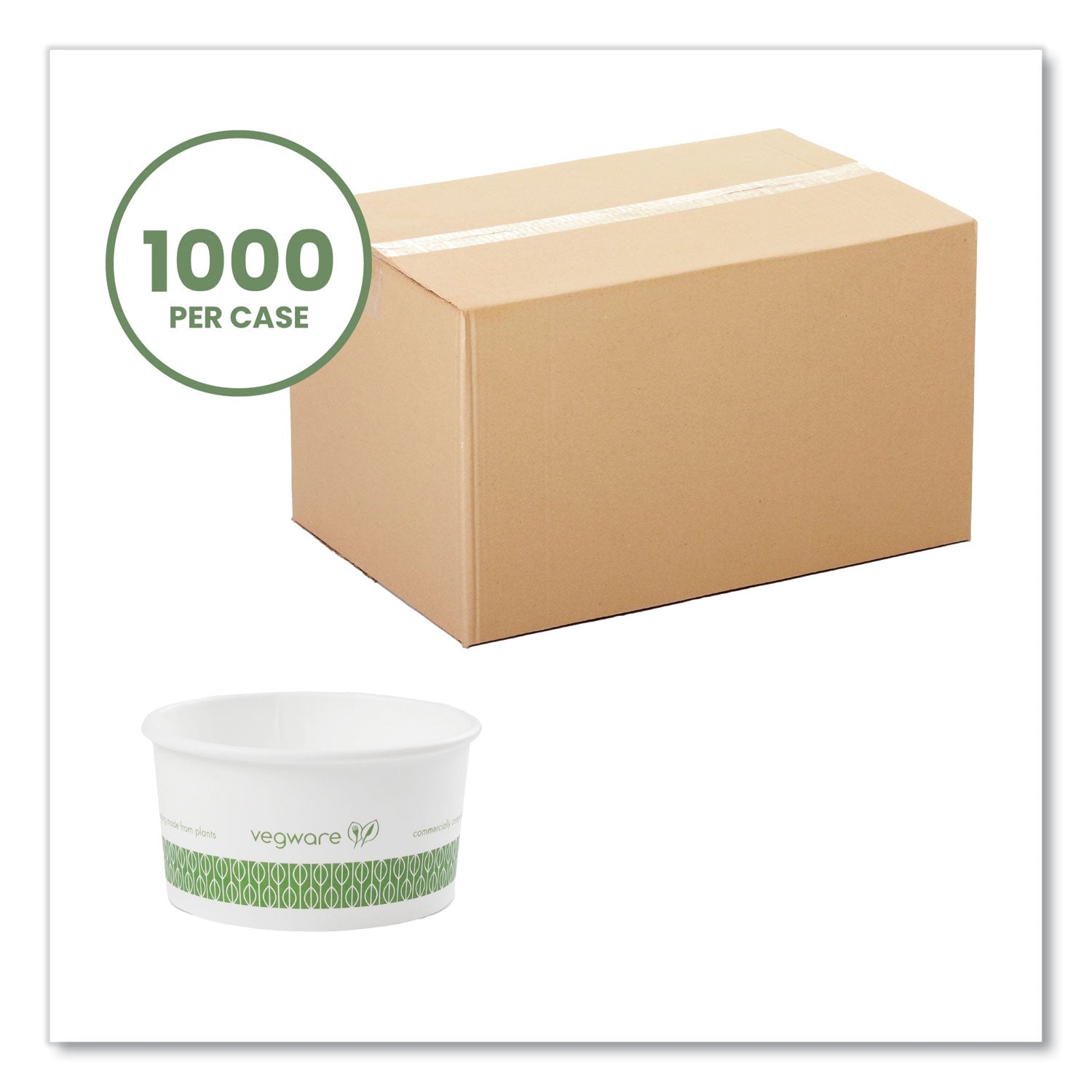 Vegware™ Soup Containers, Compostable, 6 oz, 3.5" Diameter x 1.7"h, Green/White, Paper, 1,000/Carton