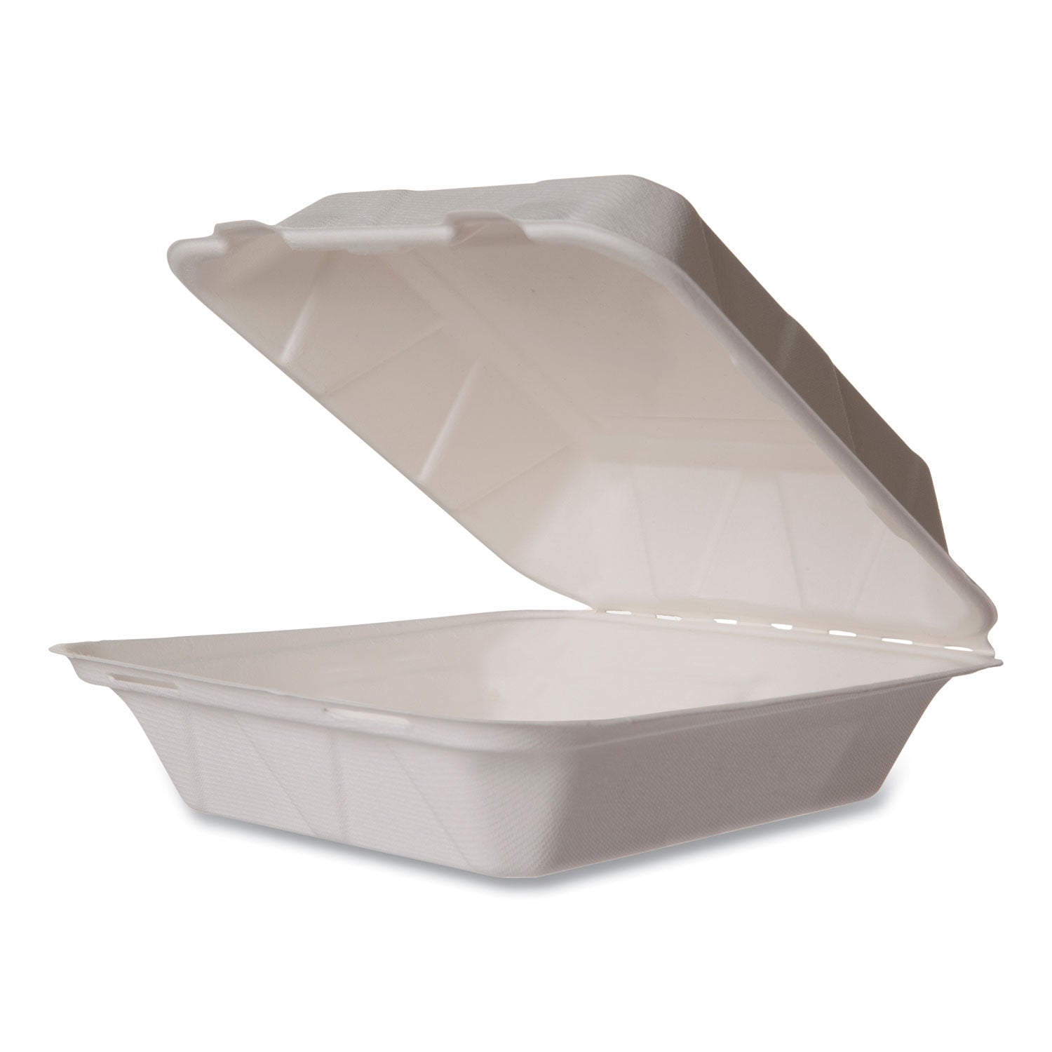 White Molded Fiber Clamshell Container, Compostable, 7.9 x 7.9 x 2.9, White, Sugarcane, 200/Carton