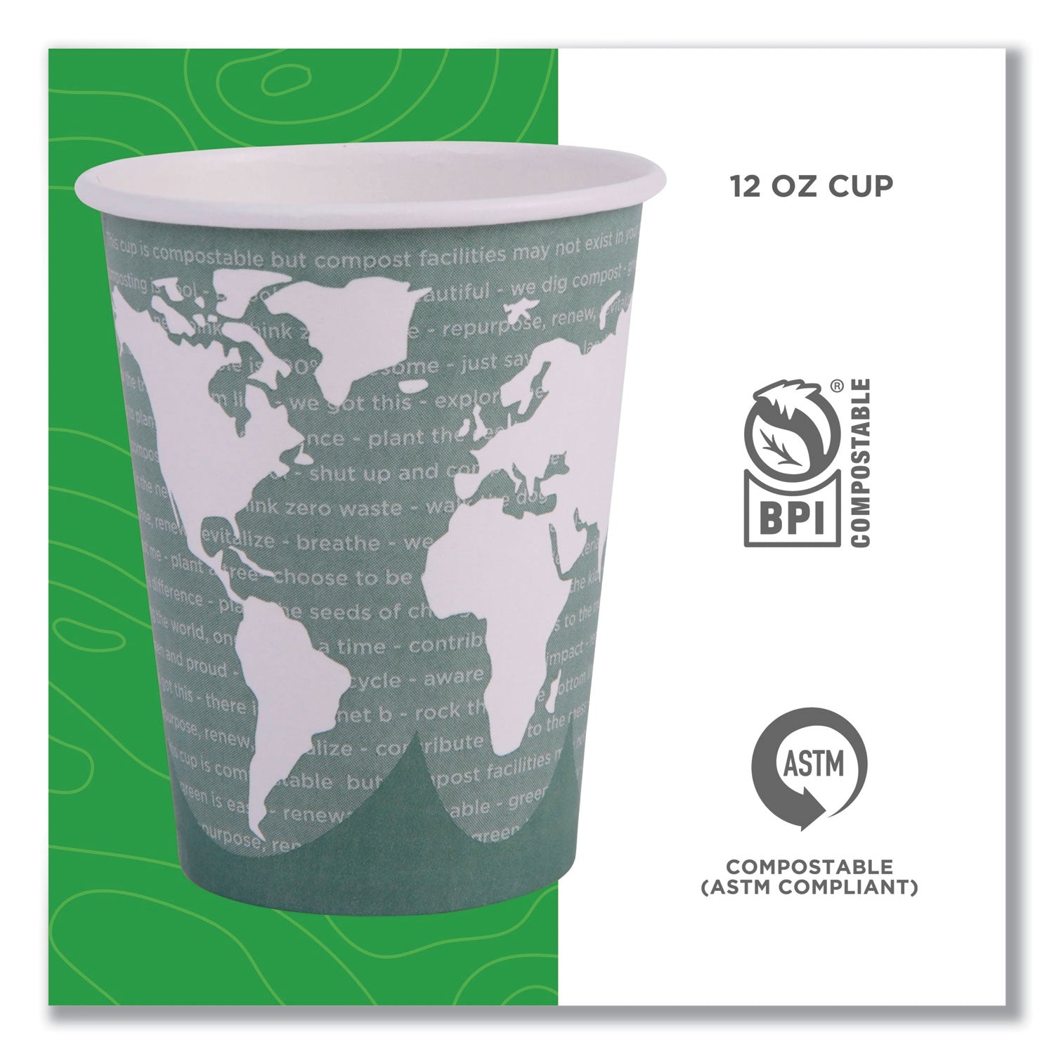 Eco-Products® World Art Renewable and Compostable Hot Cups, 12 oz, 50/Pack, 20 Packs/Carton