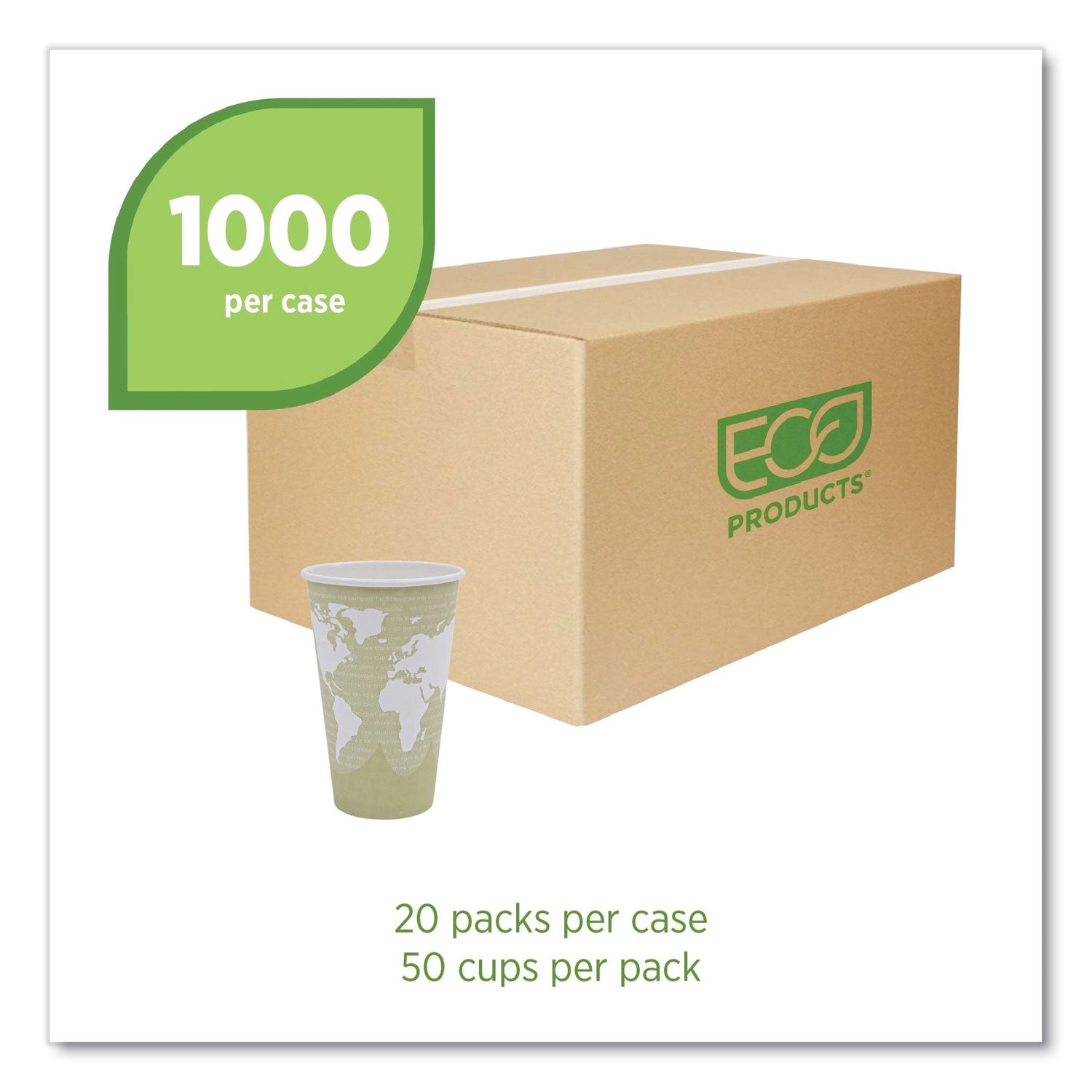 Eco-Products® World Art Renewable and Compostable Hot Cups, 16 oz, 50/Pack, 20 Packs/Carton