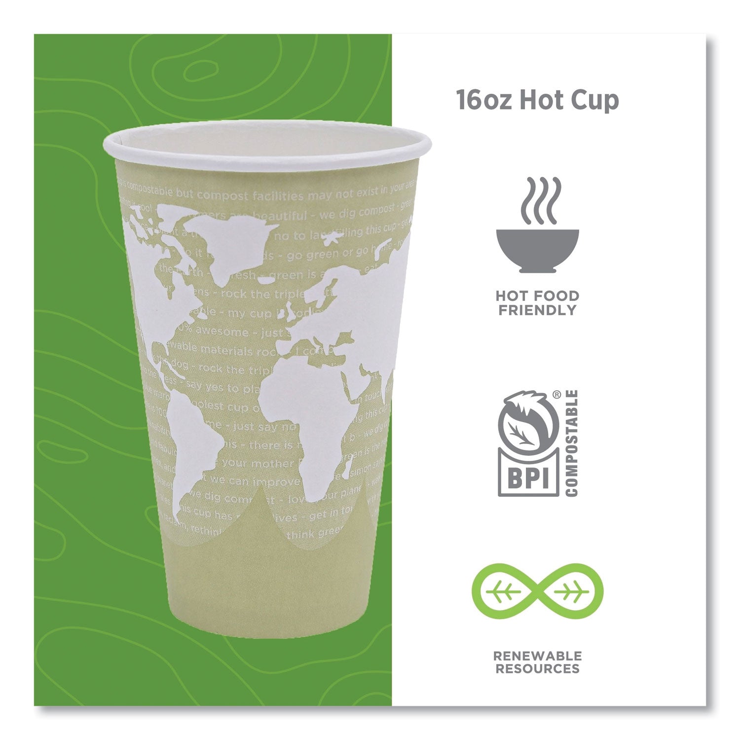 Eco-Products® World Art Renewable and Compostable Hot Cups, 16 oz, 50/Pack, 20 Packs/Carton