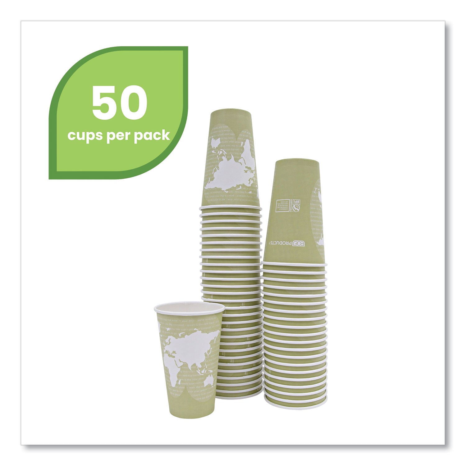 Eco-Products® World Art Renewable and Compostable Hot Cups, 16 oz, Moss, 50/Pack