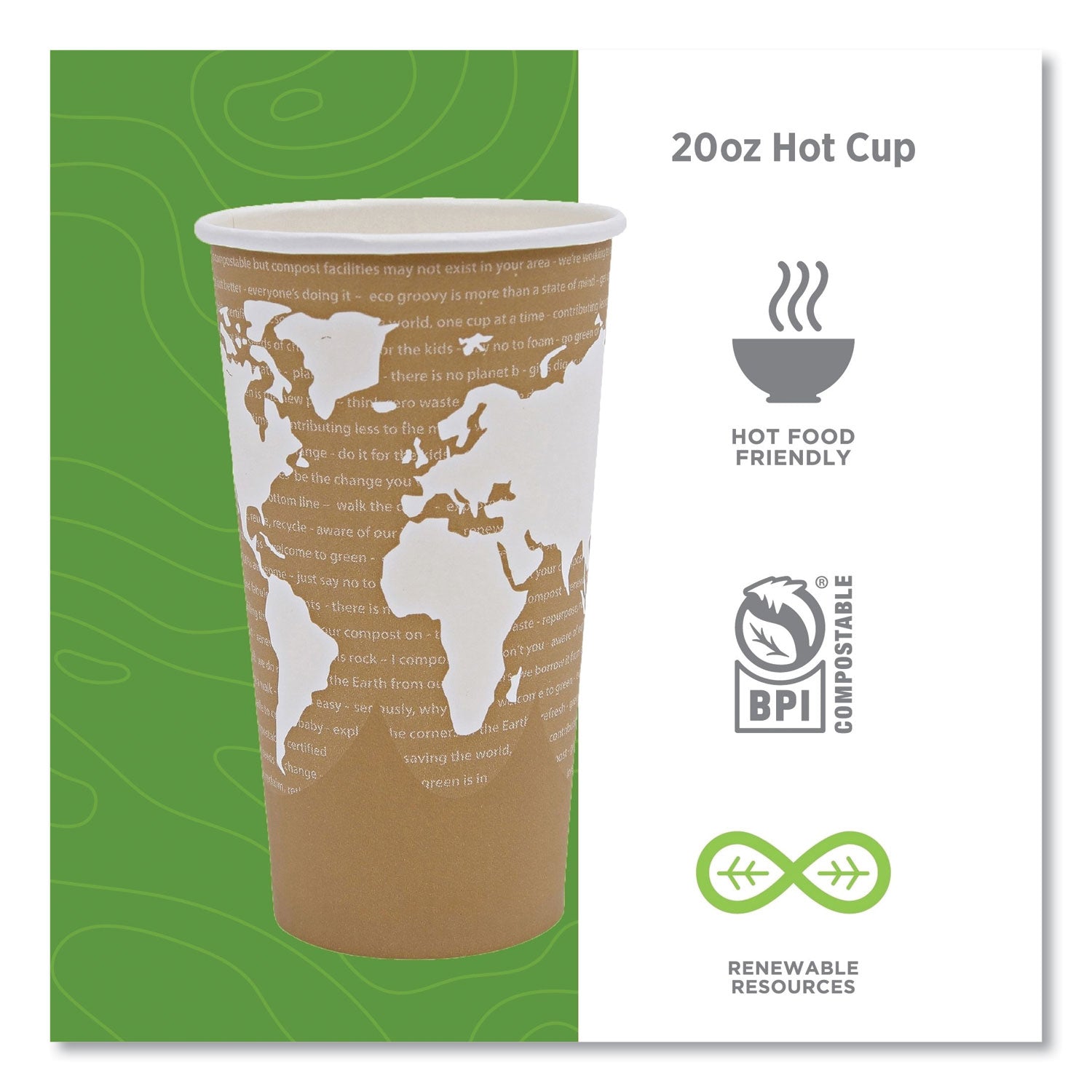 Eco-Products® World Art Renewable and Compostable Hot Cups, 20 oz, 50/Pack, 20 Packs/Carton