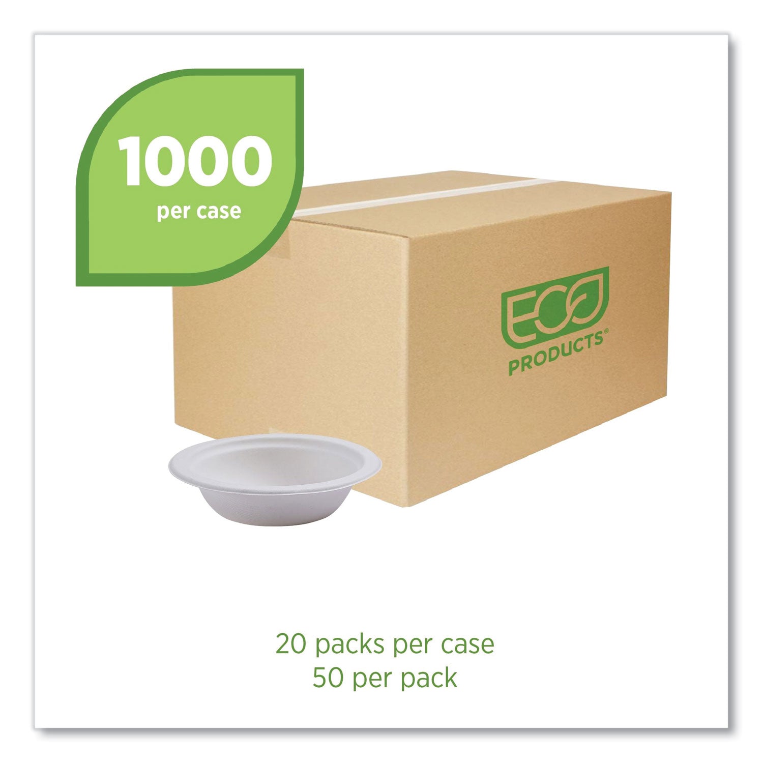 Eco-Products® Vanguard Renewable and Compostable Sugarcane Bowls, 12 oz, White, 1,000/Carton