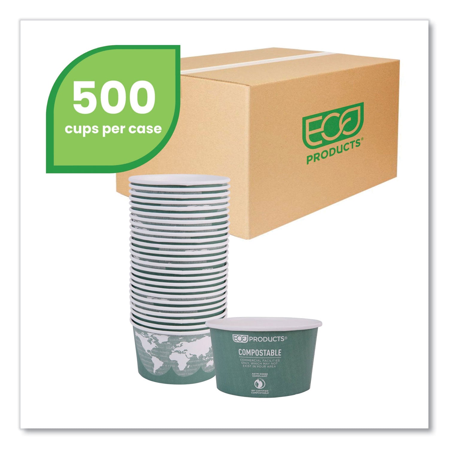 Eco-Products® World Art Renewable and Compostable Food Container, 12 oz, 4.05 Diameter x 2.5 h, Green, Paper, 25/Pack, 20 Packs/Carton