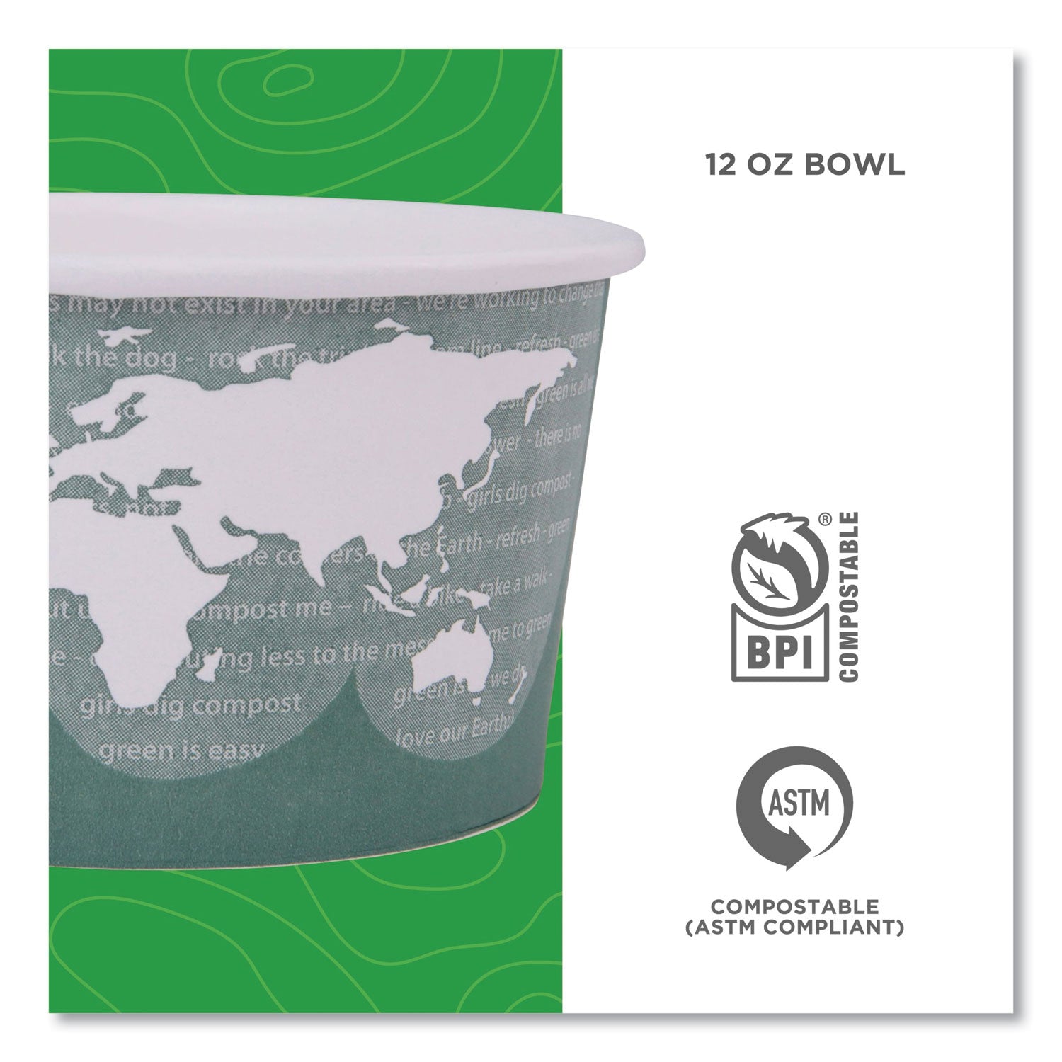 Eco-Products® World Art Renewable and Compostable Food Container, 12 oz, 4.05 Diameter x 2.5 h, Green, Paper, 25/Pack, 20 Packs/Carton