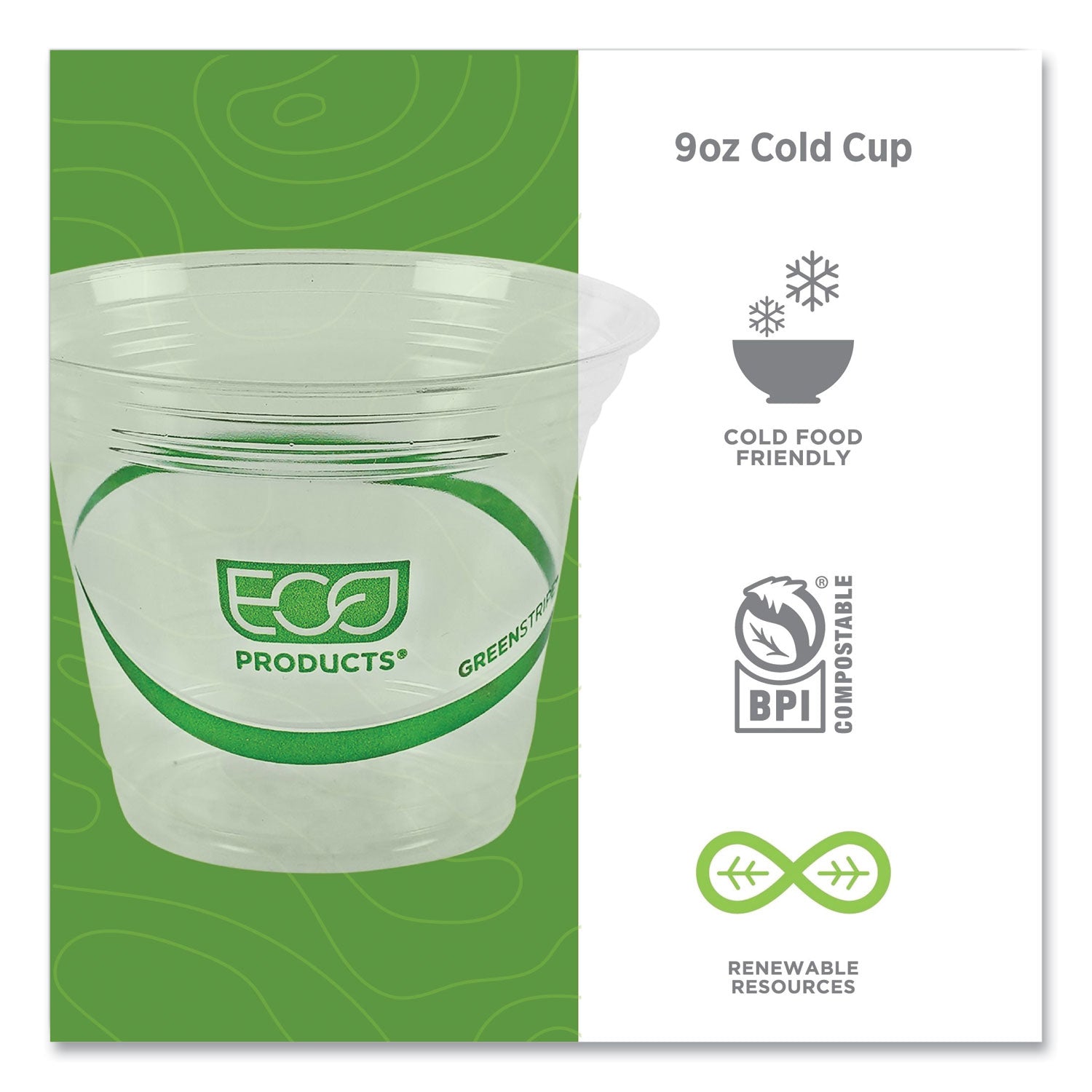 Eco-Products® GreenStripe Renewable and Compostable Cold Cups, 9 oz, Clear, 50/Pack, 20 Packs/Carton