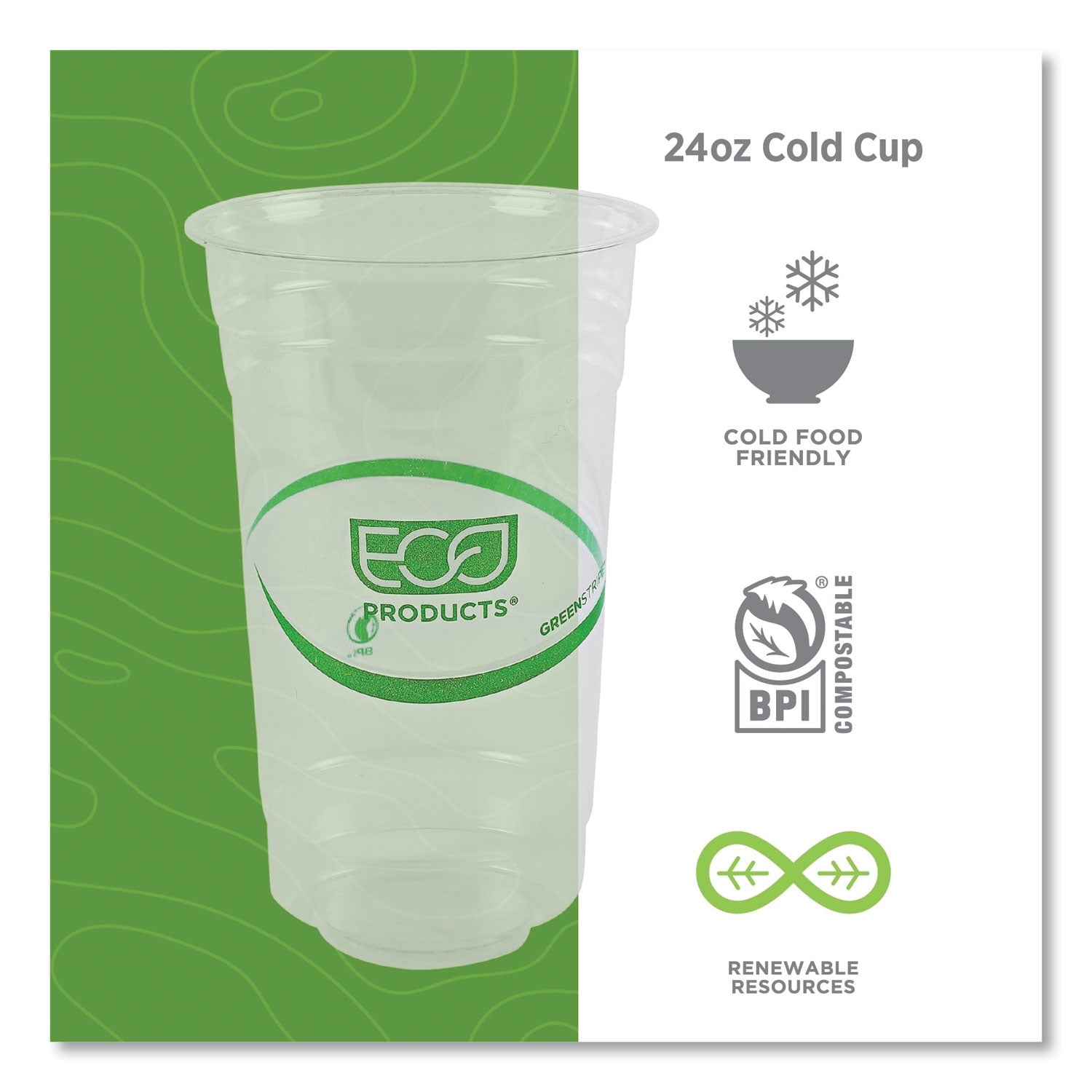 Eco-Products® GreenStripe Renewable and Compostable PLA Cold Cups, 24 oz, 50/Pack, 20 Packs/Carton