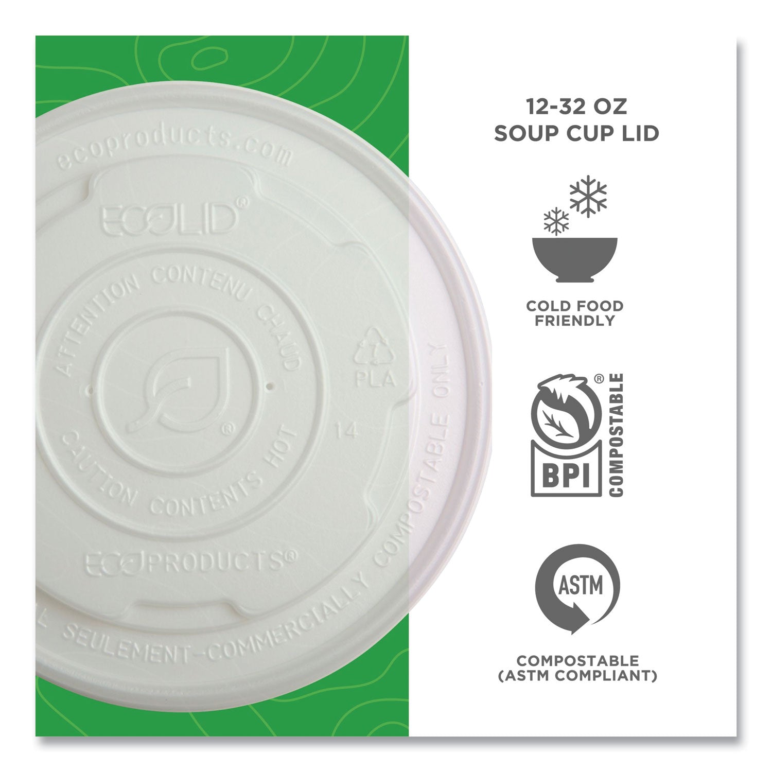 Eco-Products® World Art PLA-Laminated Soup Container Lids for 12 oz, 16 oz, 32 oz, White, Plastic, 50/Pack, 10 Packs/Carton