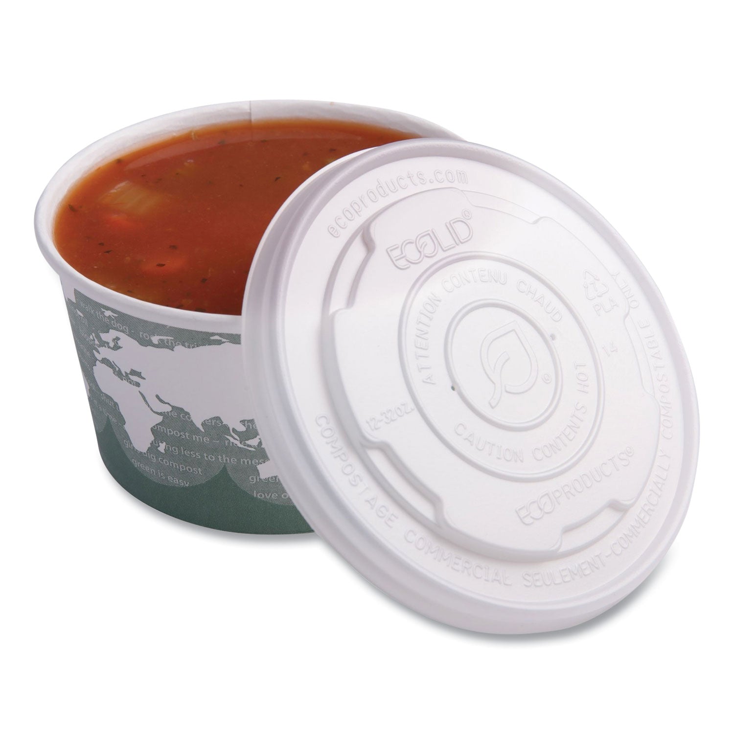 Eco-Products® World Art PLA-Laminated Soup Container Lids for 12 oz, 16 oz, 32 oz, White, Plastic, 50/Pack, 10 Packs/Carton