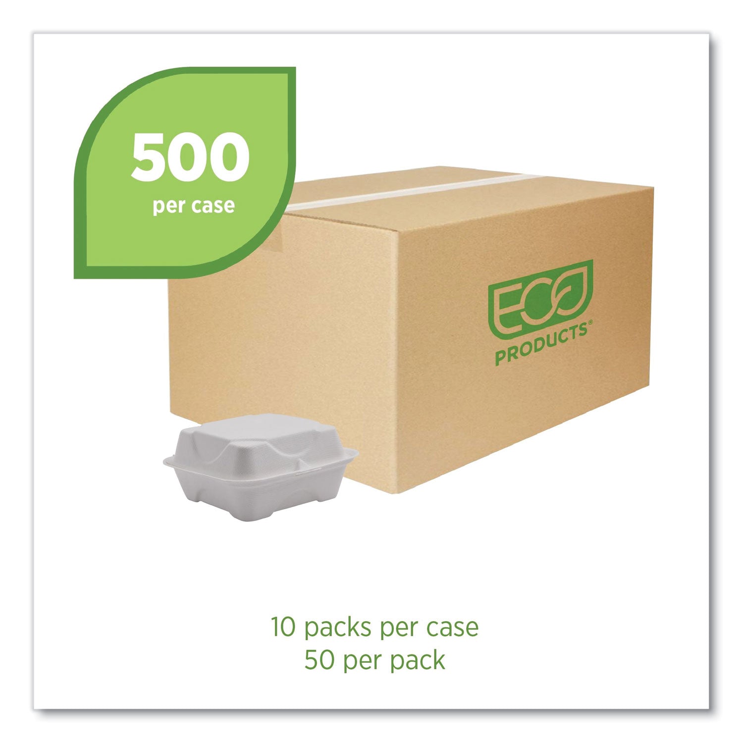 Eco-Products® Vanguard Renewable and Compostable Sugarcane Clamshells, 6 x 6 x 3, White, 500/Carton