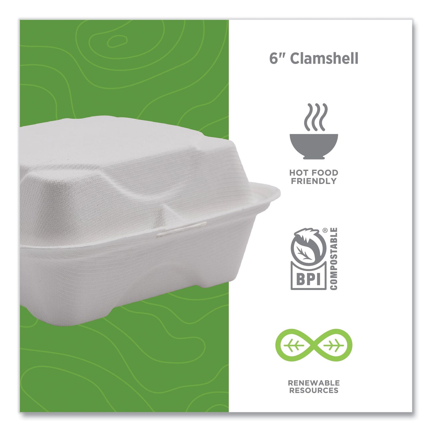 Eco-Products® Vanguard Renewable and Compostable Sugarcane Clamshells, 6 x 6 x 3, White, 500/Carton